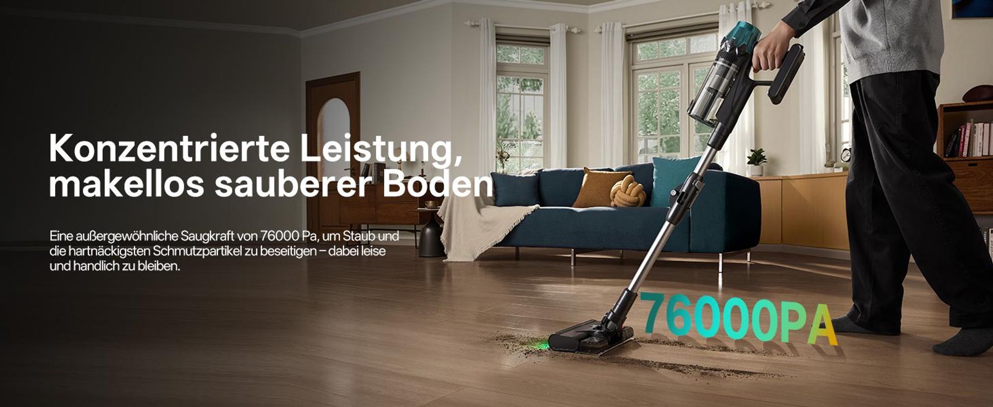 Vactidy V15 MAX Akku Staubsauger mit Wischfunktion, 76KPa/ 600W/65Min Staubsauger Kabellos, Knickrohr, Wandladestation, GreenEye