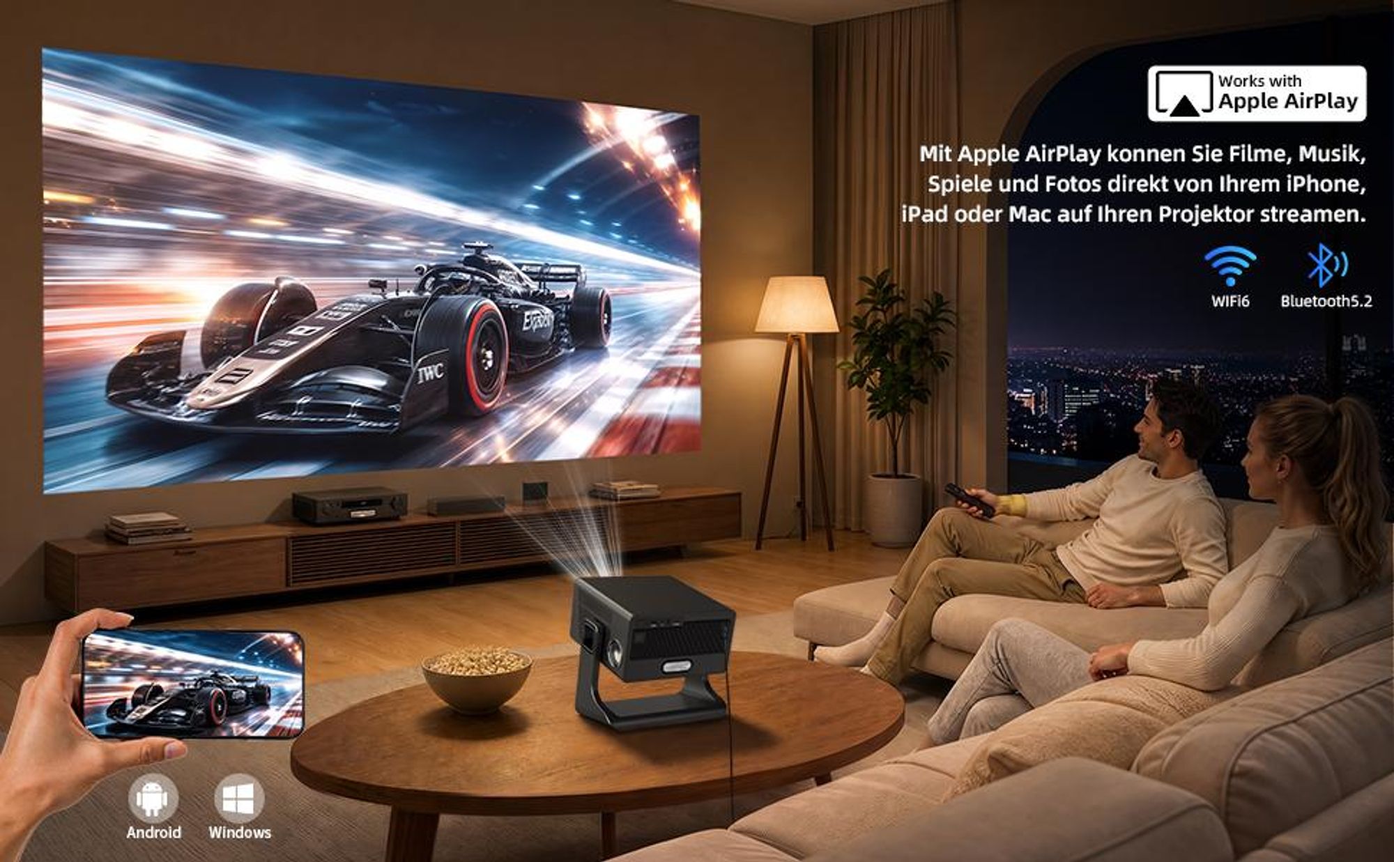 Beamer 4K, VIDAA OS, offiziell Netflix-, 1080P FHD,1400 ANSI, 2×10W Dual-Lautsprecher, Dolby Audio, KI-Autofokus & Auto-Trapezkorrektur