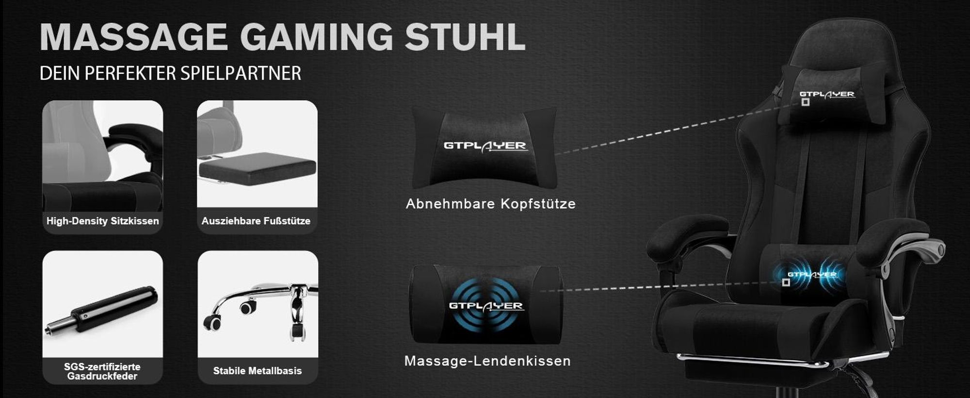 GTPLAYER Gaming Stuhl, Bürostuhl, Ergonomischer Pc Stuhl, Gaming Sessel mit Massagelendenwirbelstütze mit Fußstütze und Kopfstütze, Schwarz Stoff