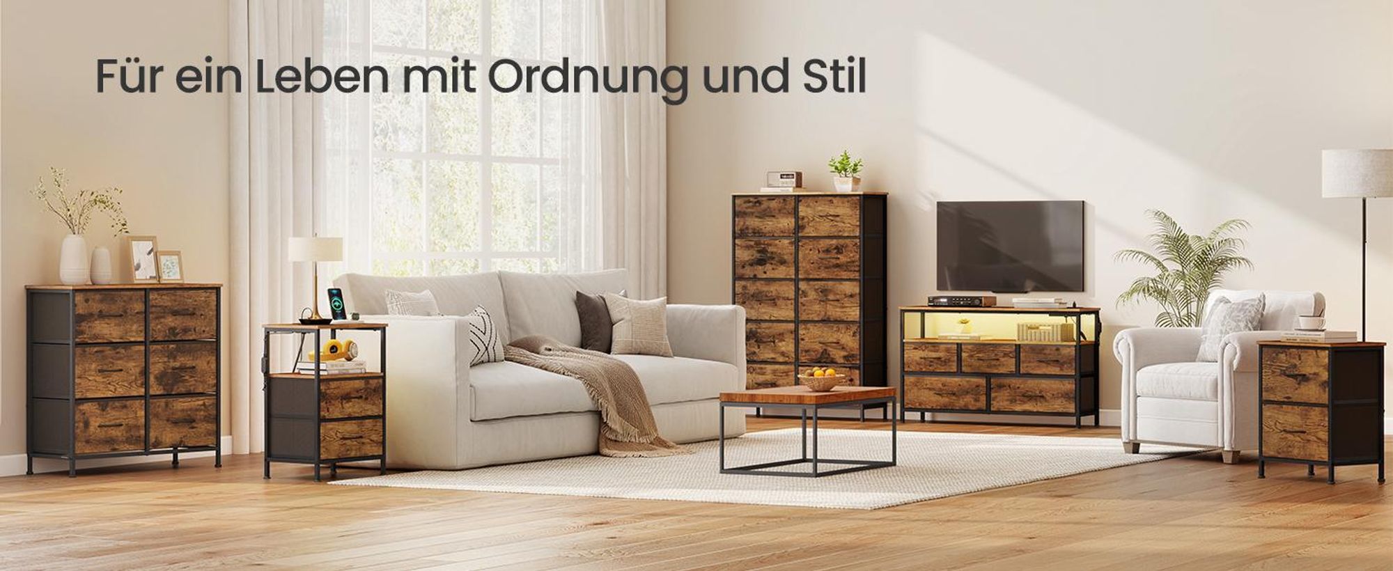 SONGMICS Kommode mit LED-Beleuchtung, Sideboard, Schubladenschrank für Wohnzimmer, mit Ladestation, 5 Schubladen, braun-schwarz