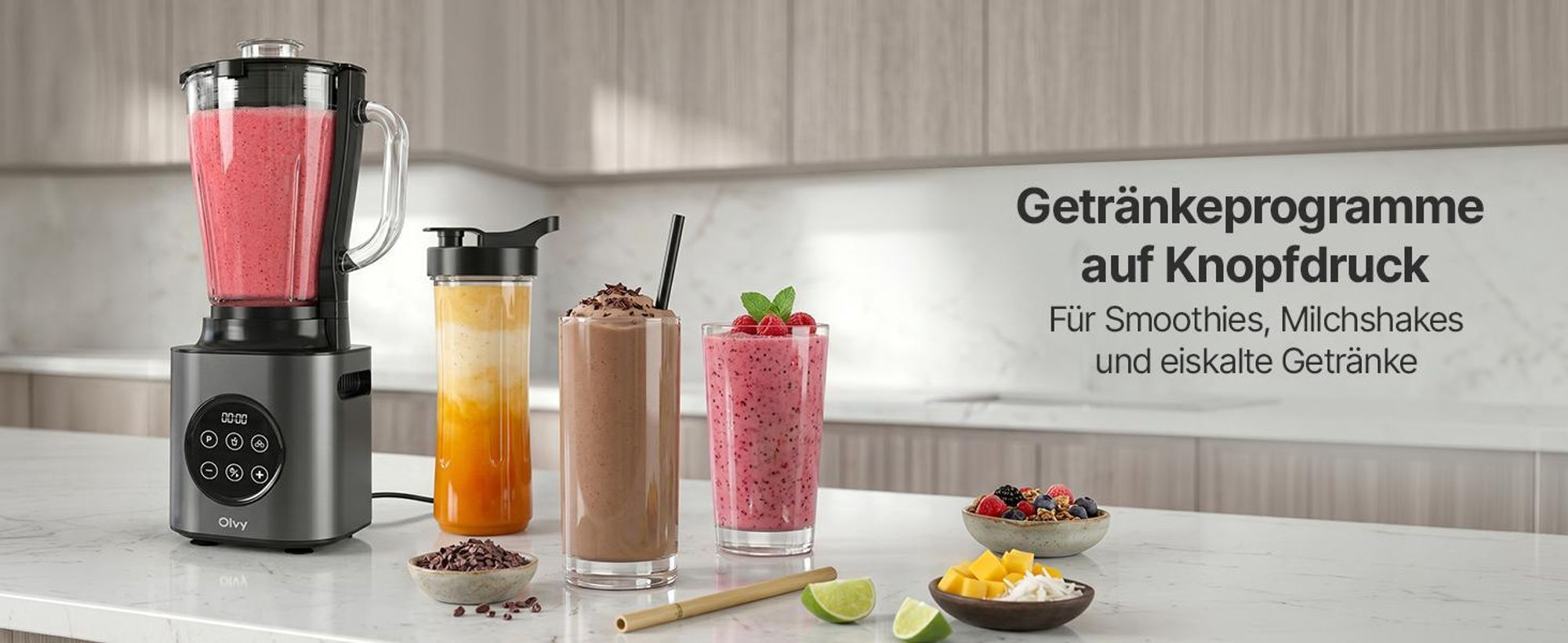 Olvy Standmixer 1000W mit 1,5L Glasbehälter & 600ml Tritan-Becher, 9 Stufen, Pulse, Ice-Crusher, Smoothie- & Milchshake-Funktion