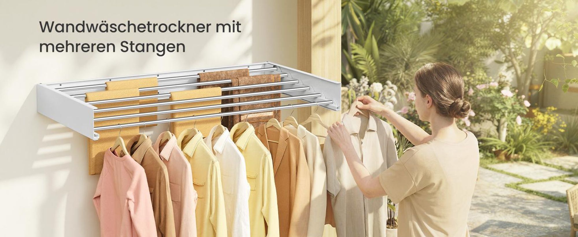 SONGMICS Wandtrockner ausziehbar, klappbarer Wäschetrockner mit 6 Stangen, platzsparend für innen und außen, 100 cm, weiß