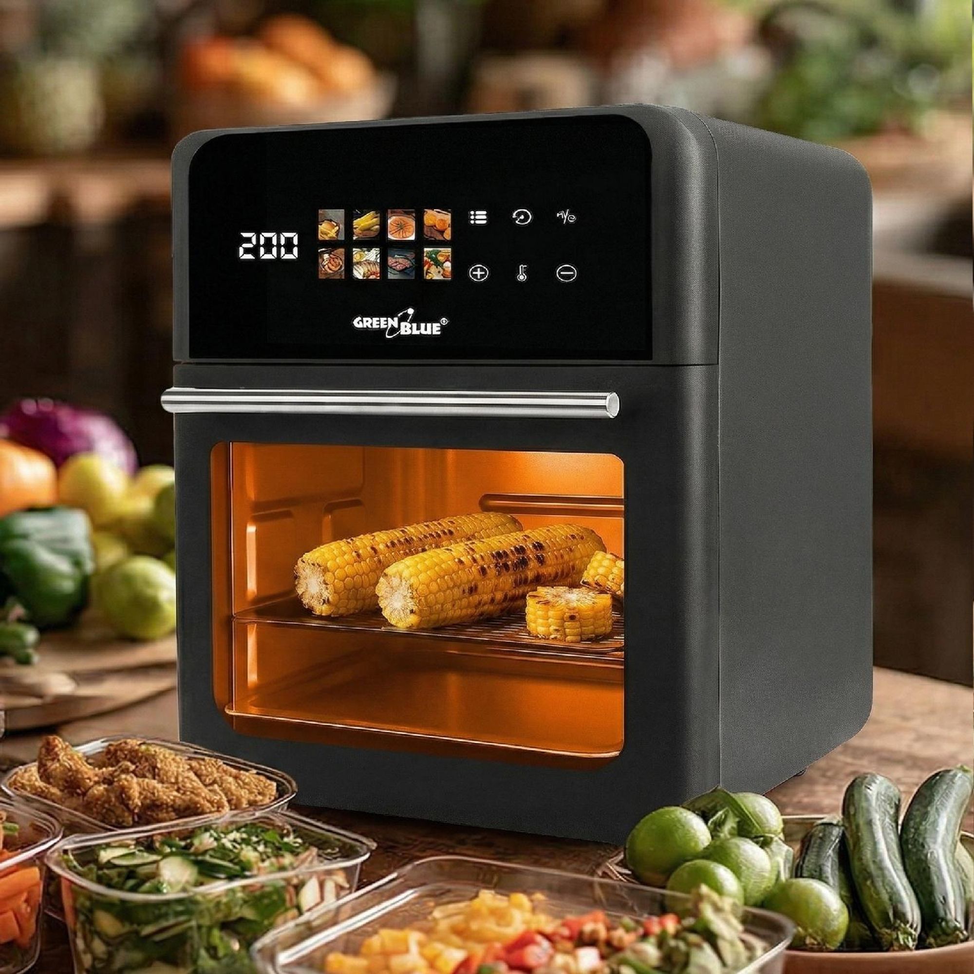 GreenBlue AIR FRYER Heißluftfritteuse 1800 W 10 l Fassungsvermögen 8 Programme Zubehör Timer, GB950 + 100 Stück 16-cm-Papierbeutel