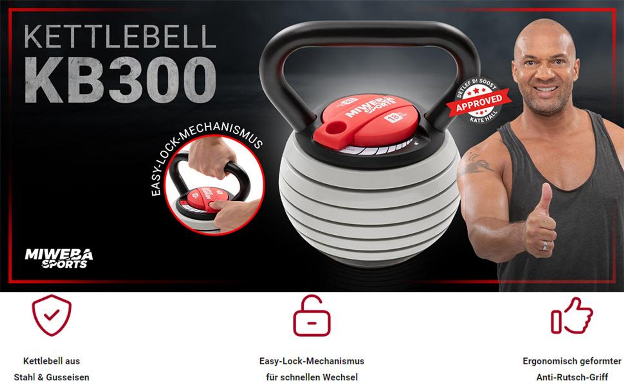 Miweba Sports Kettlebell KB300 | Kugel Hantel verstellbar - 3,4 bis 18 kg - 6 Stufen - Easy-Lock - Weichgummiboden - Anti-Rutsch-Griff - platzsparend