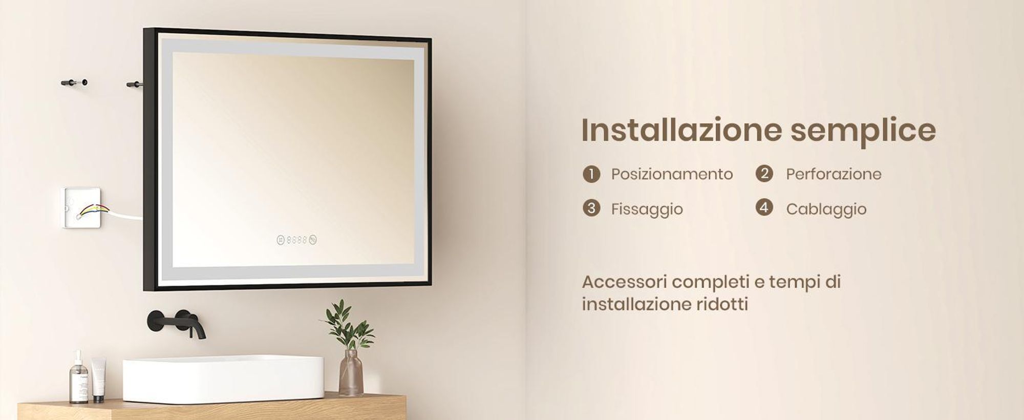 EMKE specchio da bagno Specchio LED 80x60cm specchio da bagno illuminato con cornice nera interruttore a sfioramento, antiappannamento e funzione orologio