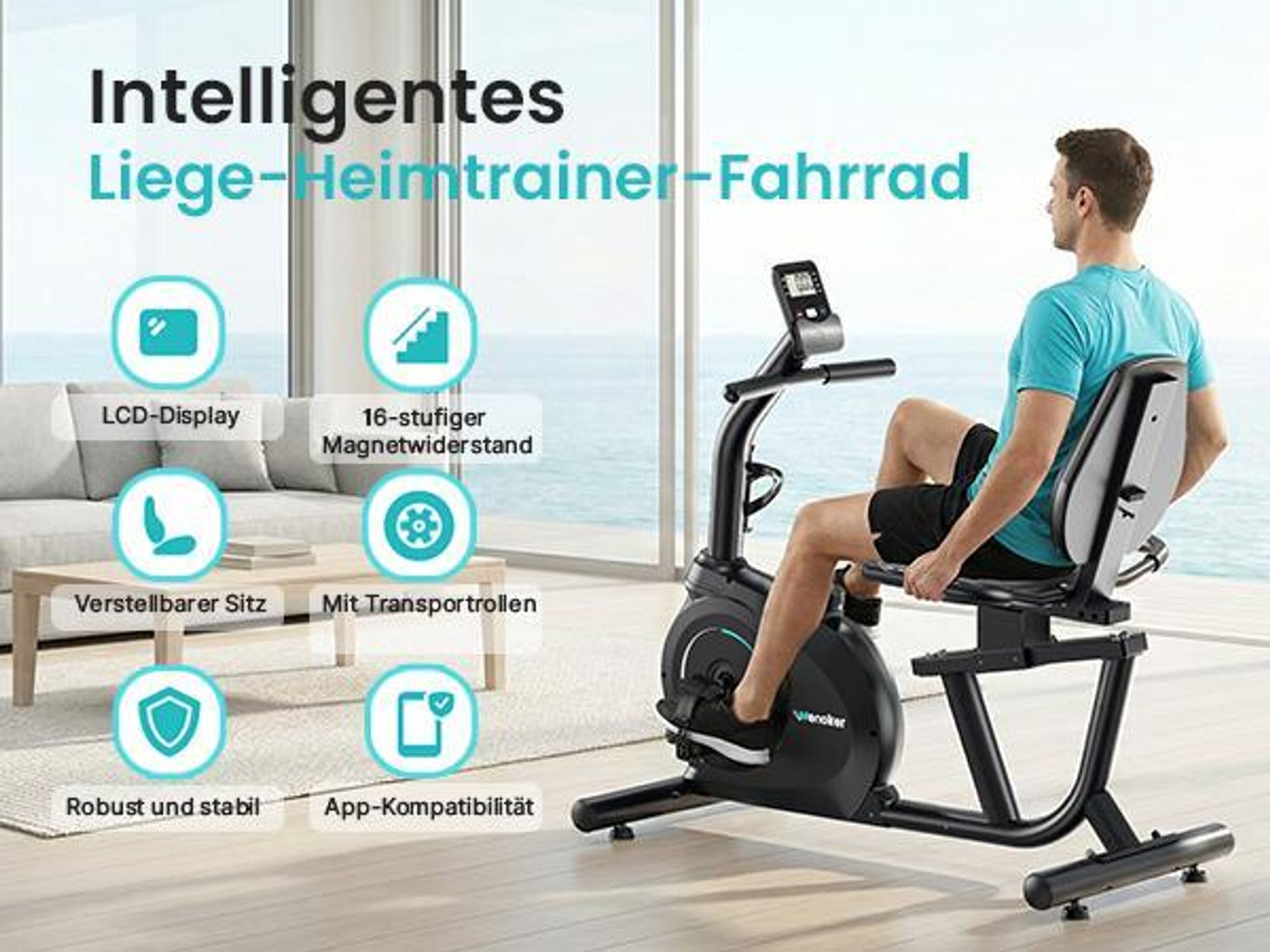 Wenoker Liege-Heimtrainer – 16 Magnet-Widerstandsstufen, Pulsmessung, LCD, verstellbare Rückenlehne, leiser Betrieb der ideale Heimtrainer für Zuhause