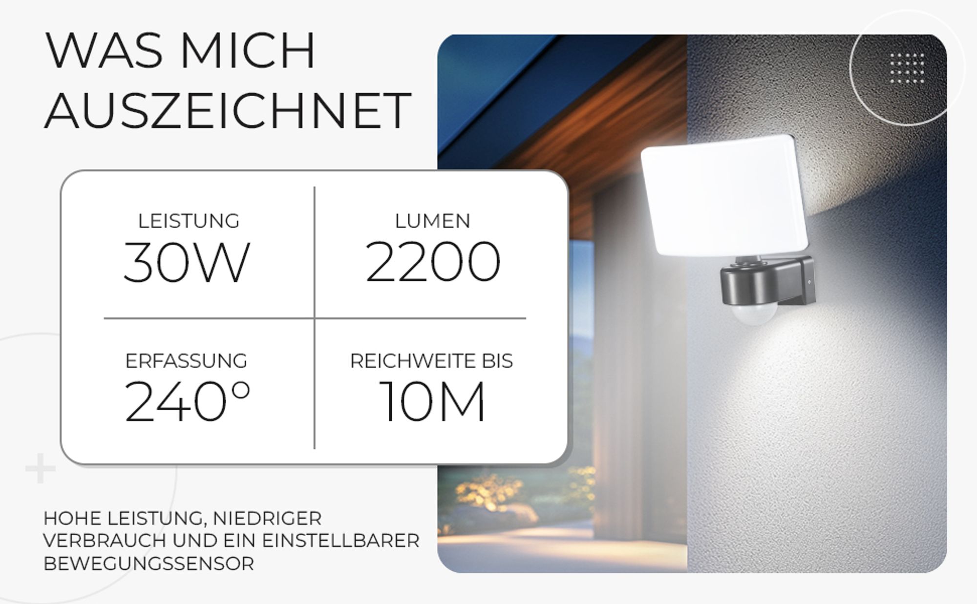 LED Außenleuchte mit Bewegungsmelder Schwenkbar Schwarz | 30W Neutralweiß 4000K IP65 Bewegungsmelder- Steuerung weiterer Leuchten bis 500W | SUN2200