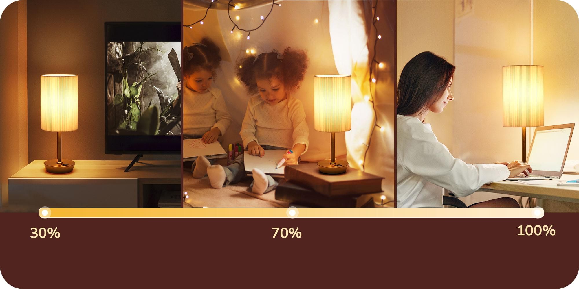 EDISHINE Tactiele Bedlamp Set van 2 met USB-C & USB-A Oplaadpoort, 3 Helderheidsniveaus, E27 LED-lamp Inbegrepen, Stoffen Lampenkap