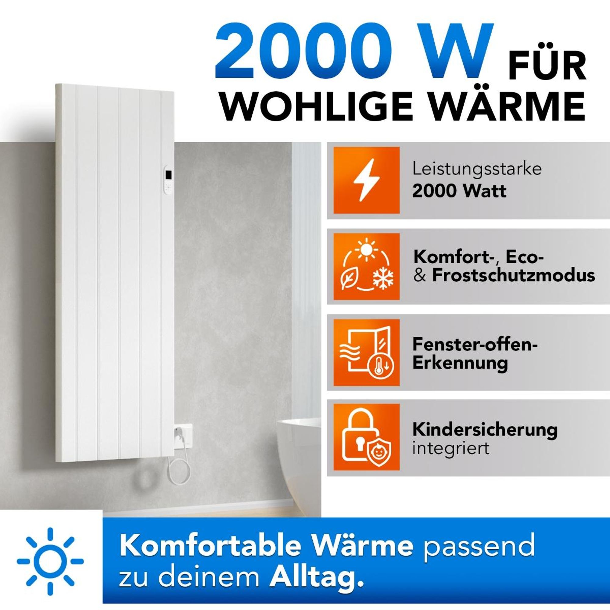 BELVIT Elektroheizkörper 2000 W Mattweiß mit Smart WLAN und digitalem Thermostat