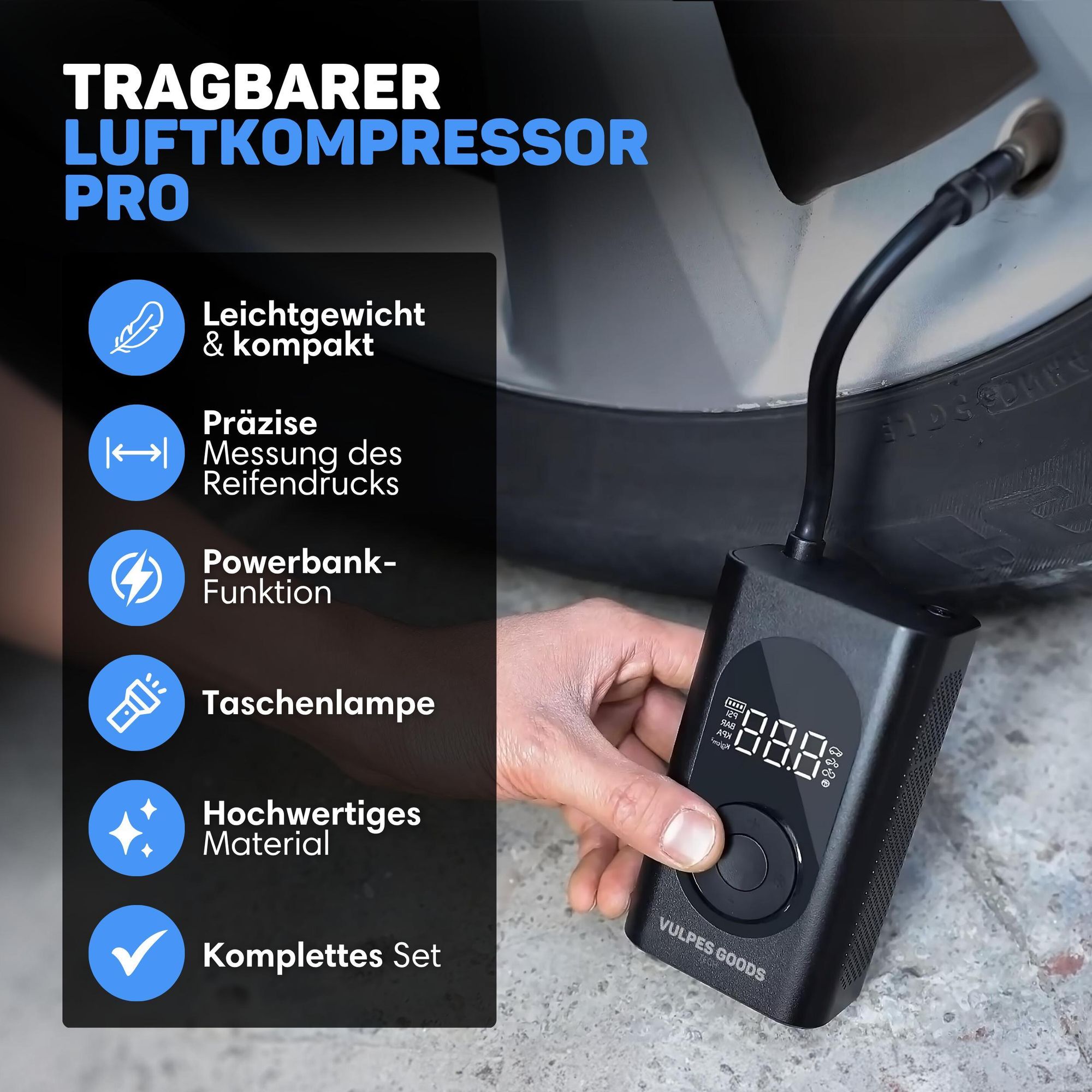Vulpes Goods Luftkompressor, Tragbarer Kompressor, 6400mAh, Kompressor für Auto, Scooter, Fahrrad, Ball und Luftmatratze, Reisetasche, Mit 7 Aufsätzen