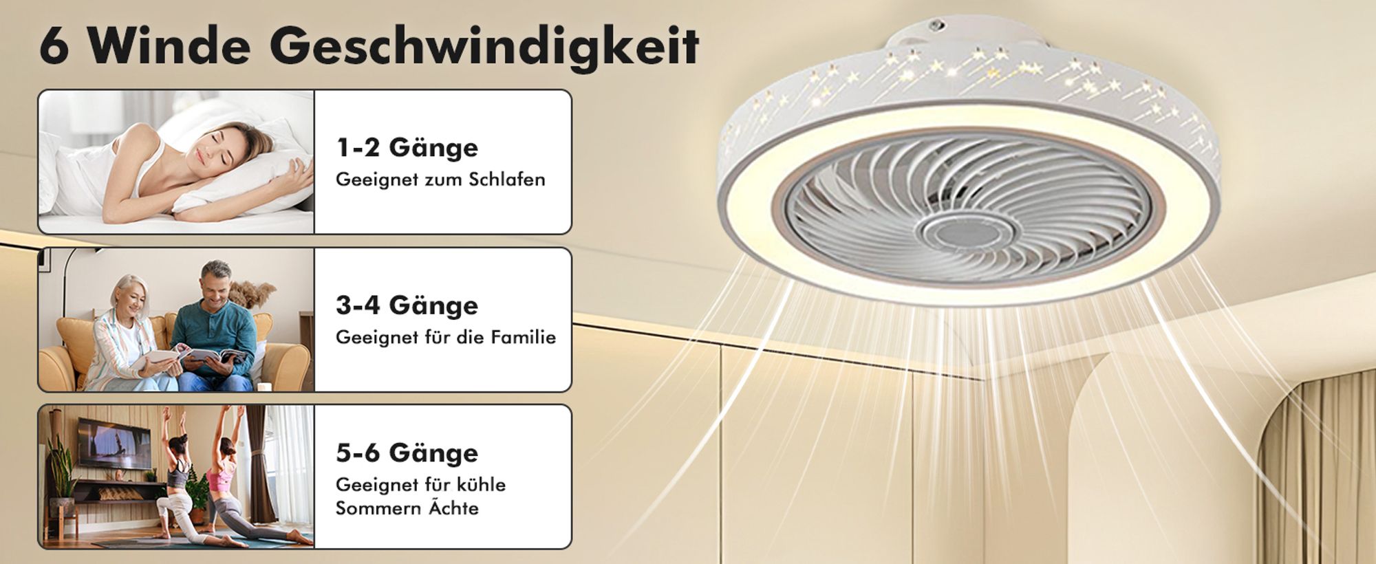 Smart Deckenventilator mit Beleuchtung und Fernbedienung 3000K-6000K Dimmbar LED Deckenleuchte mit Ventilator 6 Windgeschwindigkeit Lüfterleuchte