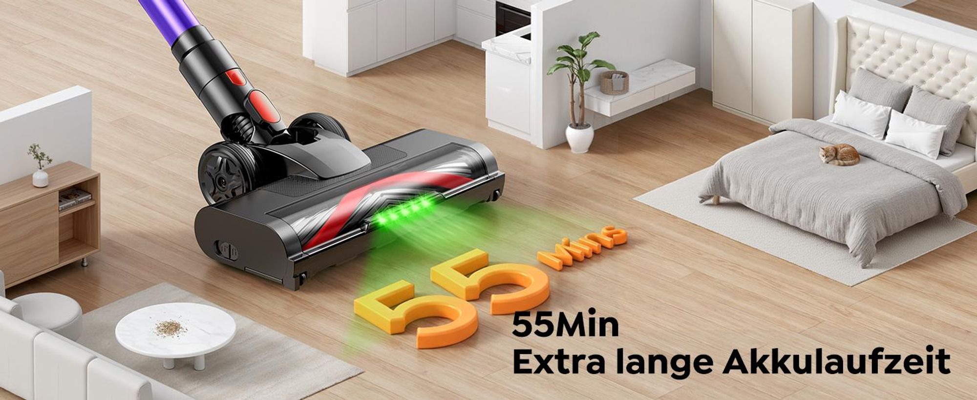 Buture VC100 Akku Staubsauger, 500W/45.000pa Staubsauger Kabellos mit Touchscreen, Bis zu 55 Min Laufzeit, Kabelloser Anti-Tangle-Staubsauger