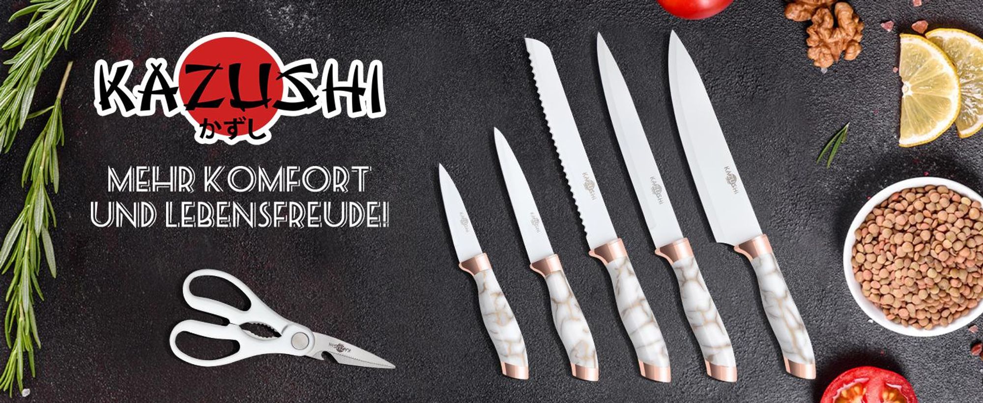 KAZUSHI Messerblock mit Messer 7-teilig, Selbstschärfender, Weiß Scharfe Küchenmesser, Profi Messerset mit Block, Edelstahl Messer Set (KA-KN71)