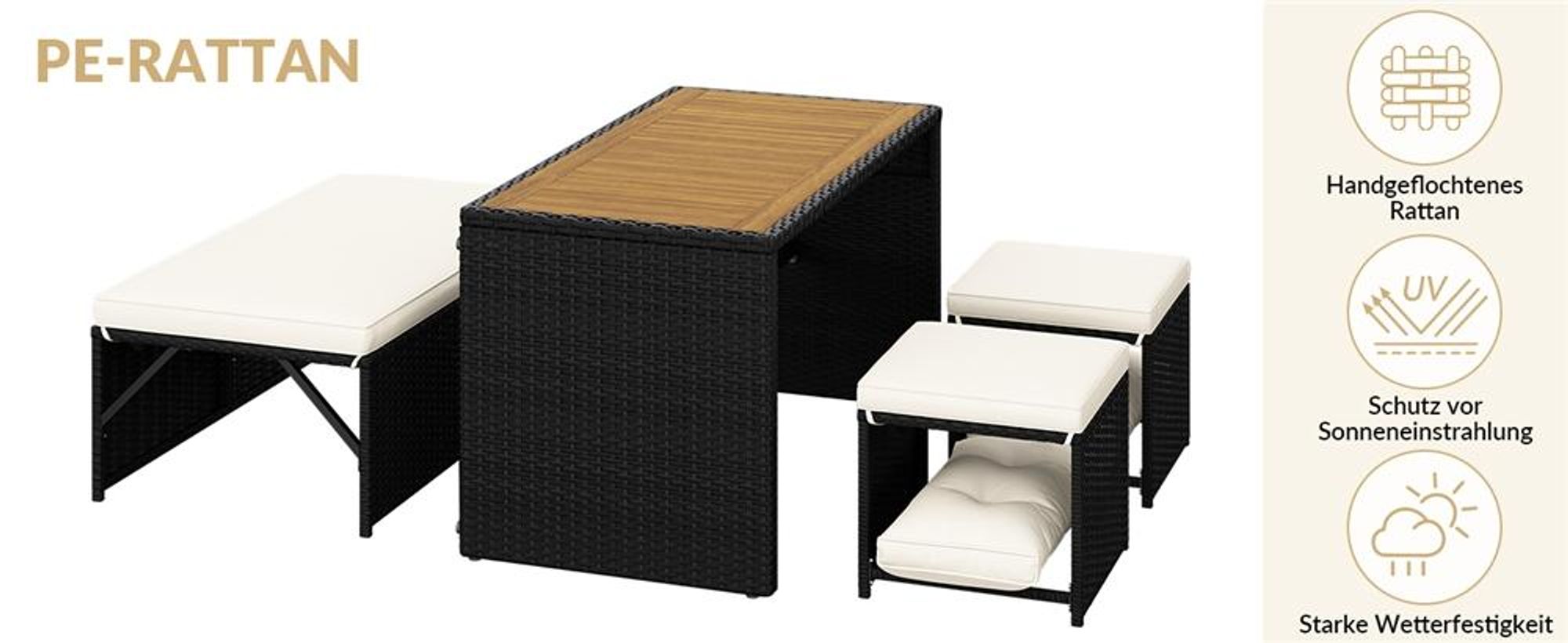 Yaheetech 2-in-1 Gartenmöbel Set aus Polyrattan, inkl. Sofa Tisch Hocker, modulare Sitzgruppe für Gartenlounge, Schwarz & Beige