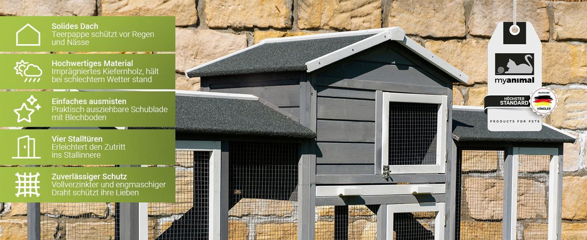 MyAnimal Hasenstall MH-03 | Hasenkäfig XXL mit Freilaufgehege - Kleintierkäfig - Kaninchenstall - 4 Türen - Kleintierstall - Wetterfest - 226x53x85 cm