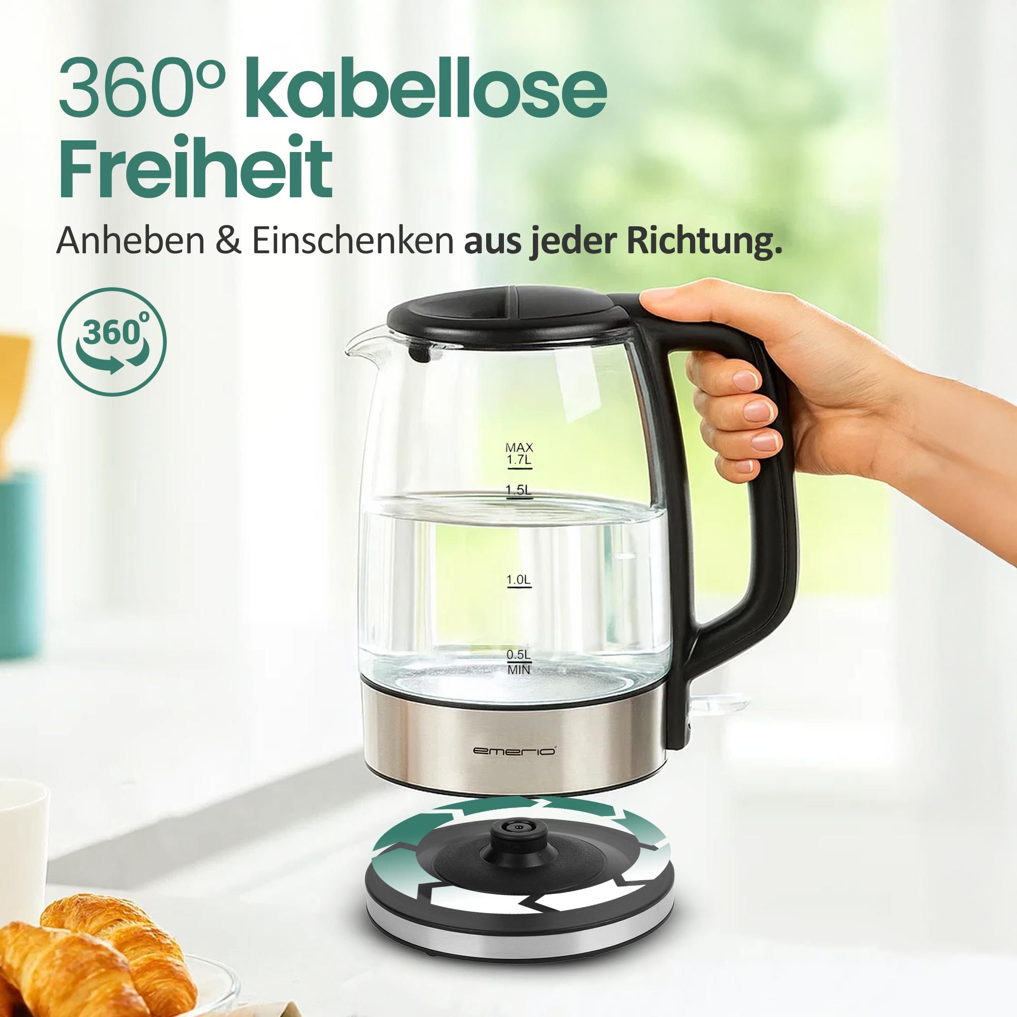 Emerio Wasserkocher 1,7 L – LED-Beleuchtung – Überhitzungsschutz – Wasserstandsanzeige – 2200W – WK-130126 Edelstahl / Glas