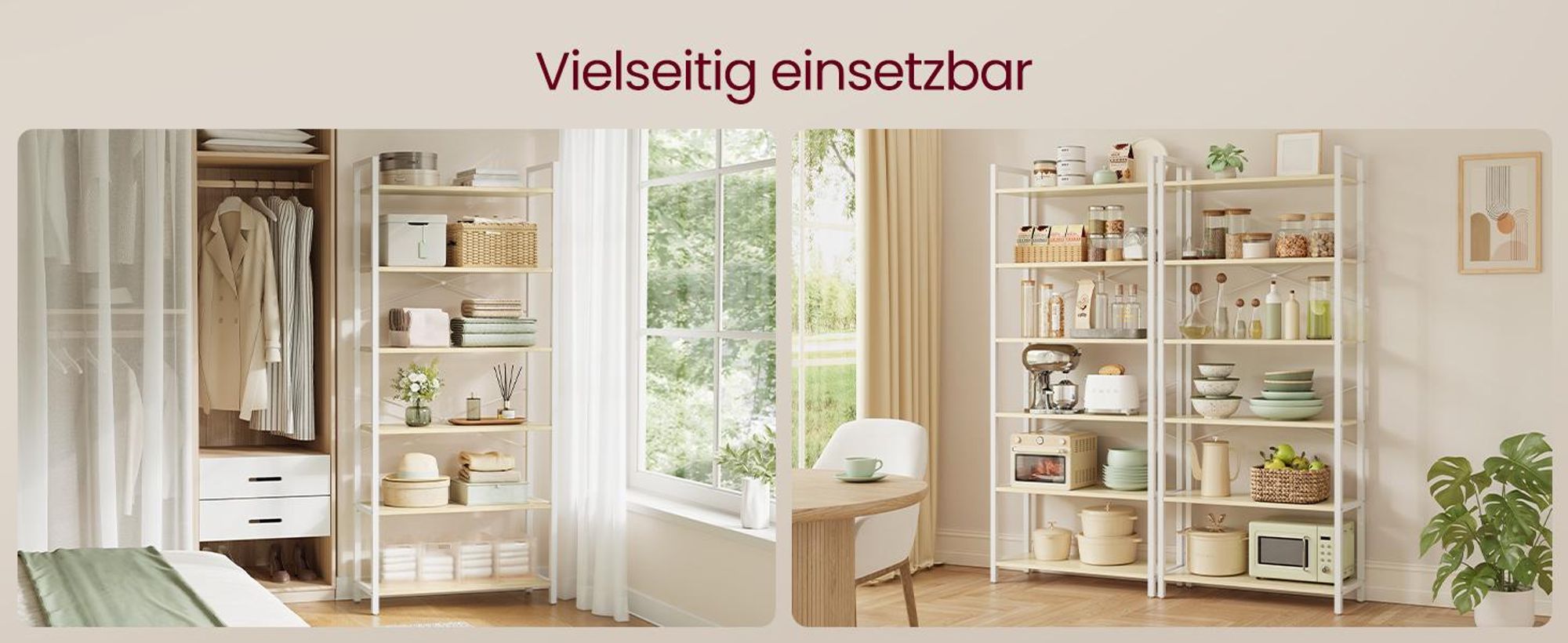 VASAGLE Bücherregal mit 6 Ebenen, Standregal, offene Ablagen, für Wohnzimmer, Büro, Schlafzimmer, 30 x 64 x 185,5 cm, beige-weiß