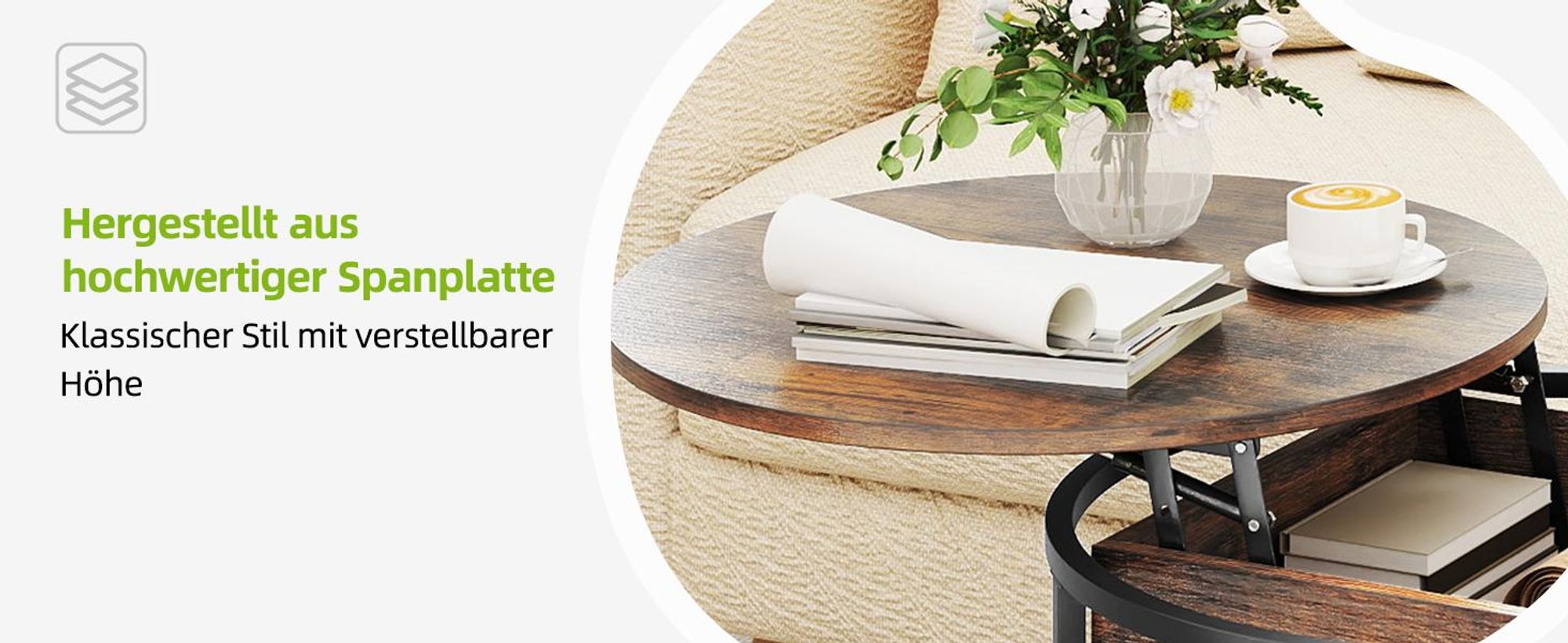 2er Set Rund Couchtisch, Höhenverstellbar, Beistelltisch Wohnzimmertisch mit Stauraum, 60cm + 38cm, Braun