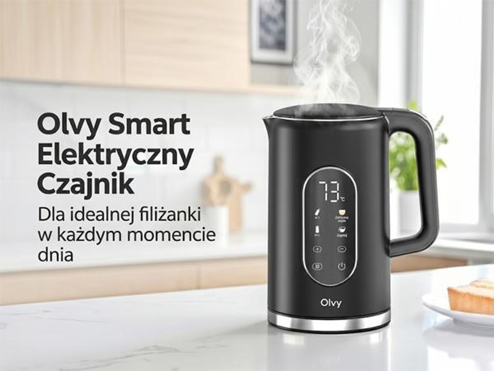 Czajnik Olvy z ustawieniem temperatury 1,7 l - wyświetlacz LCD, 2200 W, bez BPA, funkcja utrzymywania ciepła, filtr antywapienny, wybór temperatury 40-100°, stal nierdzewna