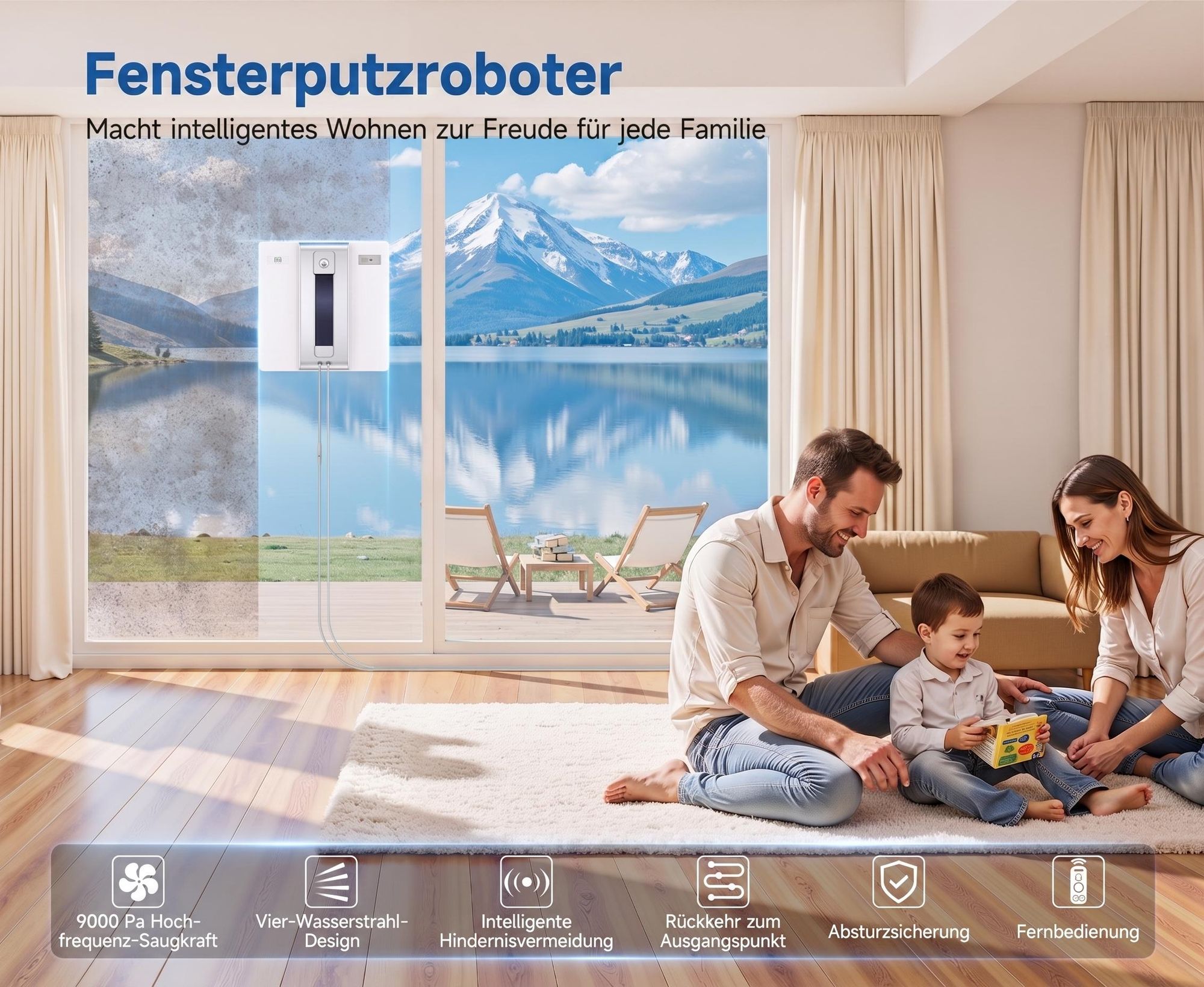 Lubluelu CHYW200 Smart Fensterputzroboter, Fensterroboter mit Dual-Sprüher, 9000Pa Saugkraft, Automatische Reinigung, Fernbedienung & Sicherheitsseil
