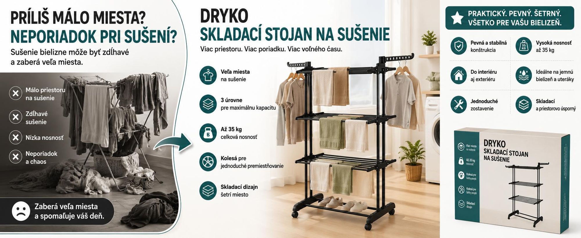 Skladací sušiak na prádlo s rozmermi 173 cm a kolieskami, skladací sušiak s nosnosťou do 35 kg - DRYKO