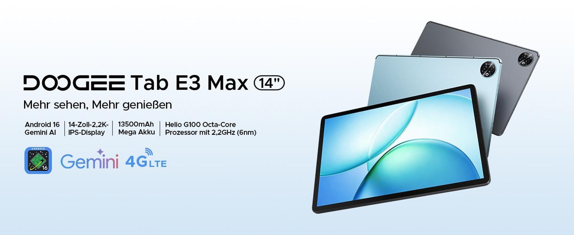 DOOGEE Tab E3 Max Android 16, 14 Zoll, 4G LTE, 48GB(8+40)+256GB(bis 2TB erweiterbar), 13500mAh/18W, 4G LTE, Widevine L1