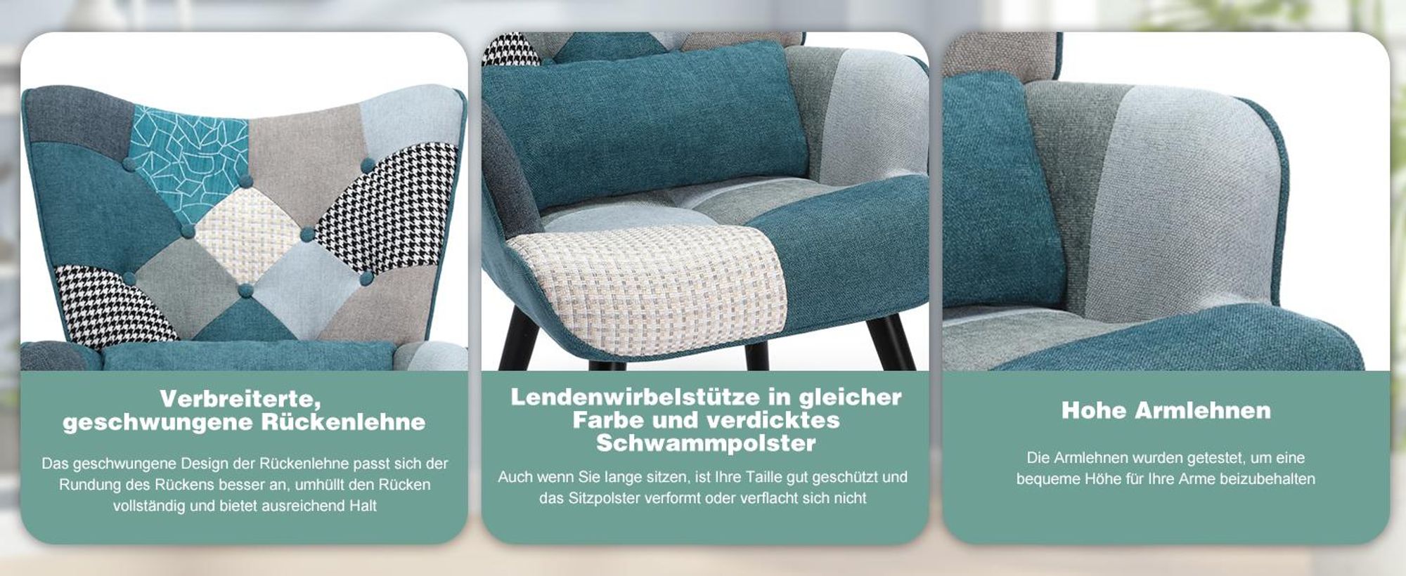 Patchwork Ohrensessel mit Hocker Massivholzbeine Lendenstützkissen, Leinenstoff und ergonomisches Design, für Wohnzimmer und Schlafzimmer, Blau