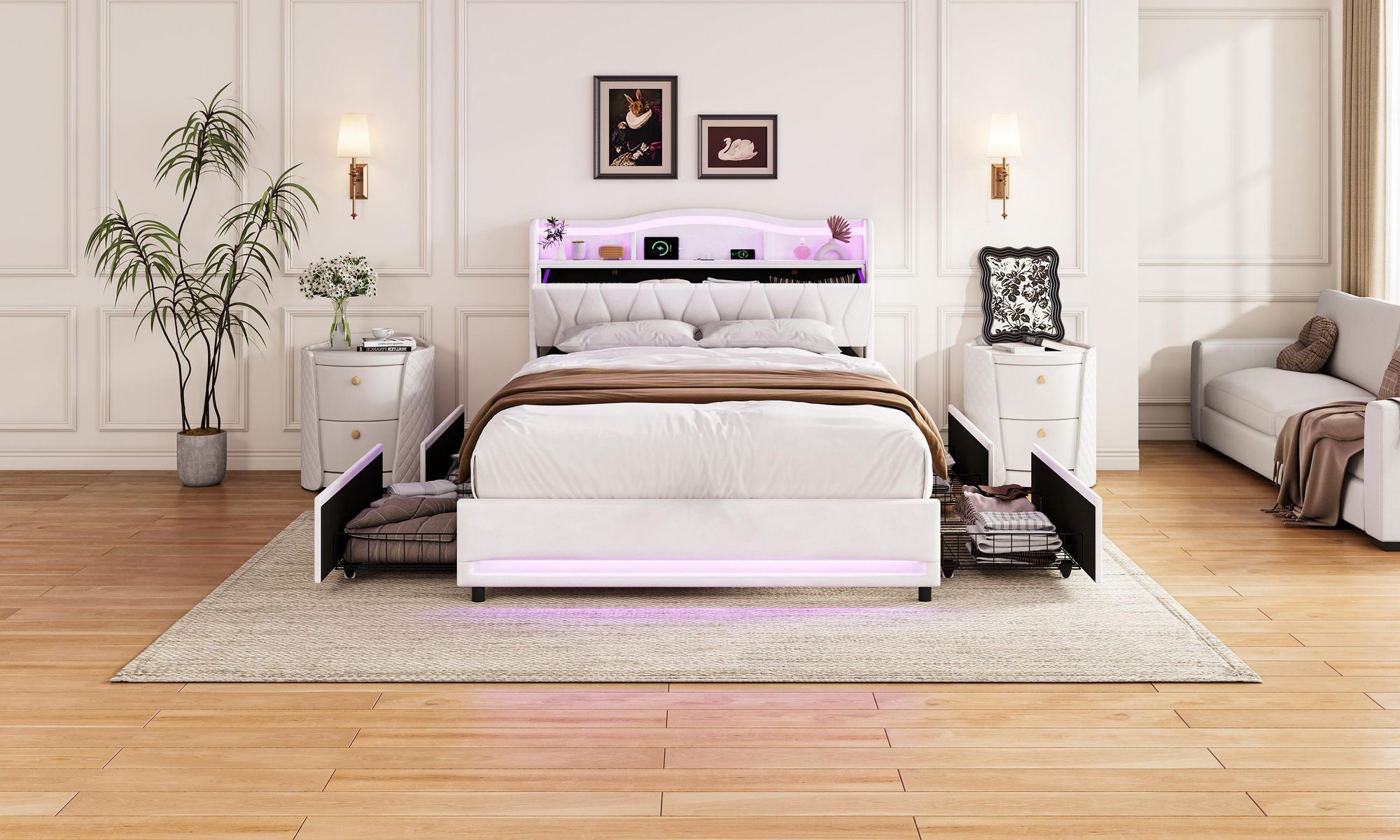 INONEFT Polsterbett 140x200 mit Stauraum Schublade, Doppelbett mit LED & USB, Jugendbett, Bettgestell mit Lattenrost, Stauraumbett, Samt,Beige