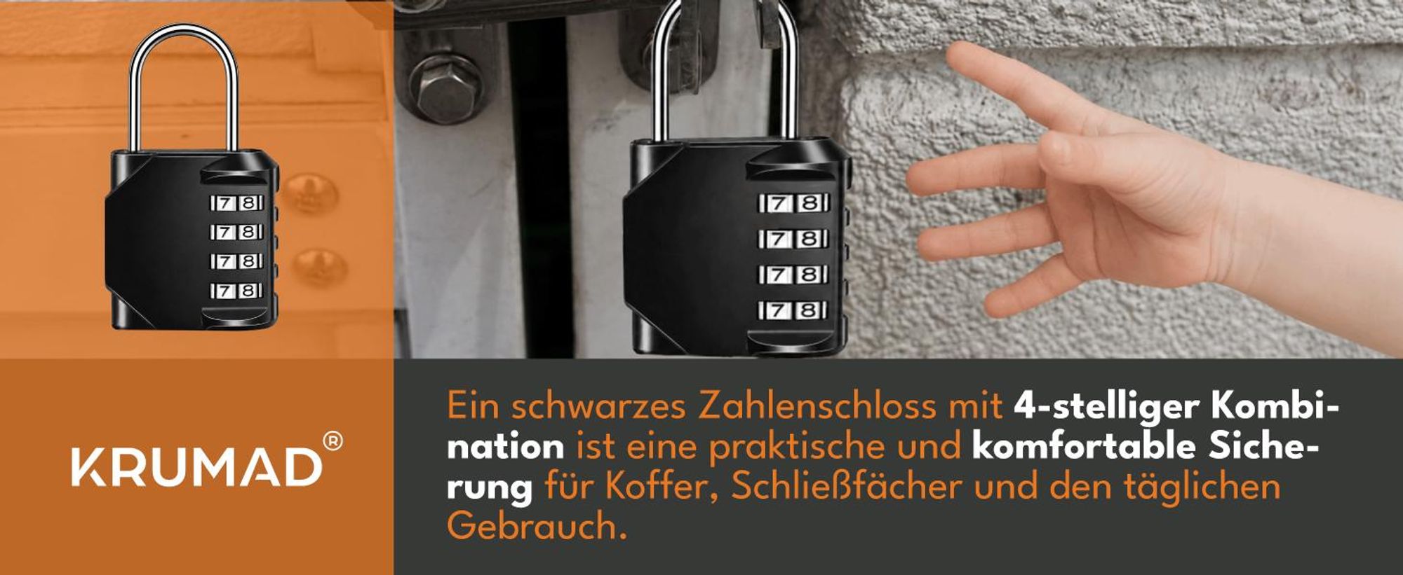 KRUMAD Zahlenschloss 4-stellig, Vorhängeschloss mit Zahlencode, Metallgehäuse, schlüsselloses Schloss für Schrank, Tür, Spind und Koffer