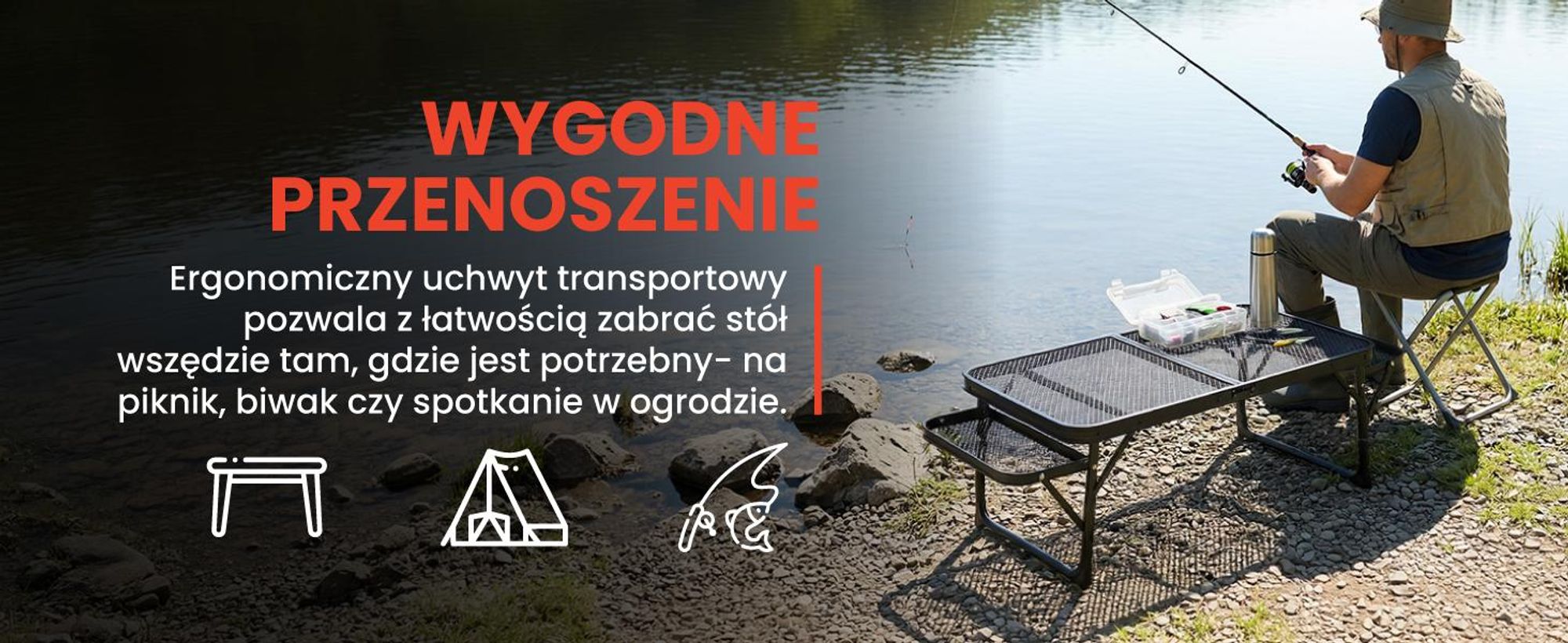 Mały składany stolik campingowy w walizce z bocznymi półkami czarny