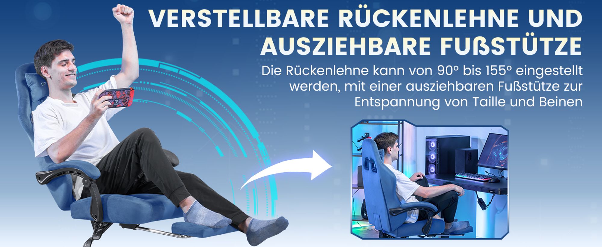GTPLAYER Gaming Stuhl Ergonomischer Gaming Sessel Schreibtischstuhl Bürostuhl mit Stoffoberfläche Federsitzkissen, Verbindungsarmlehnen, mit Fußstütze