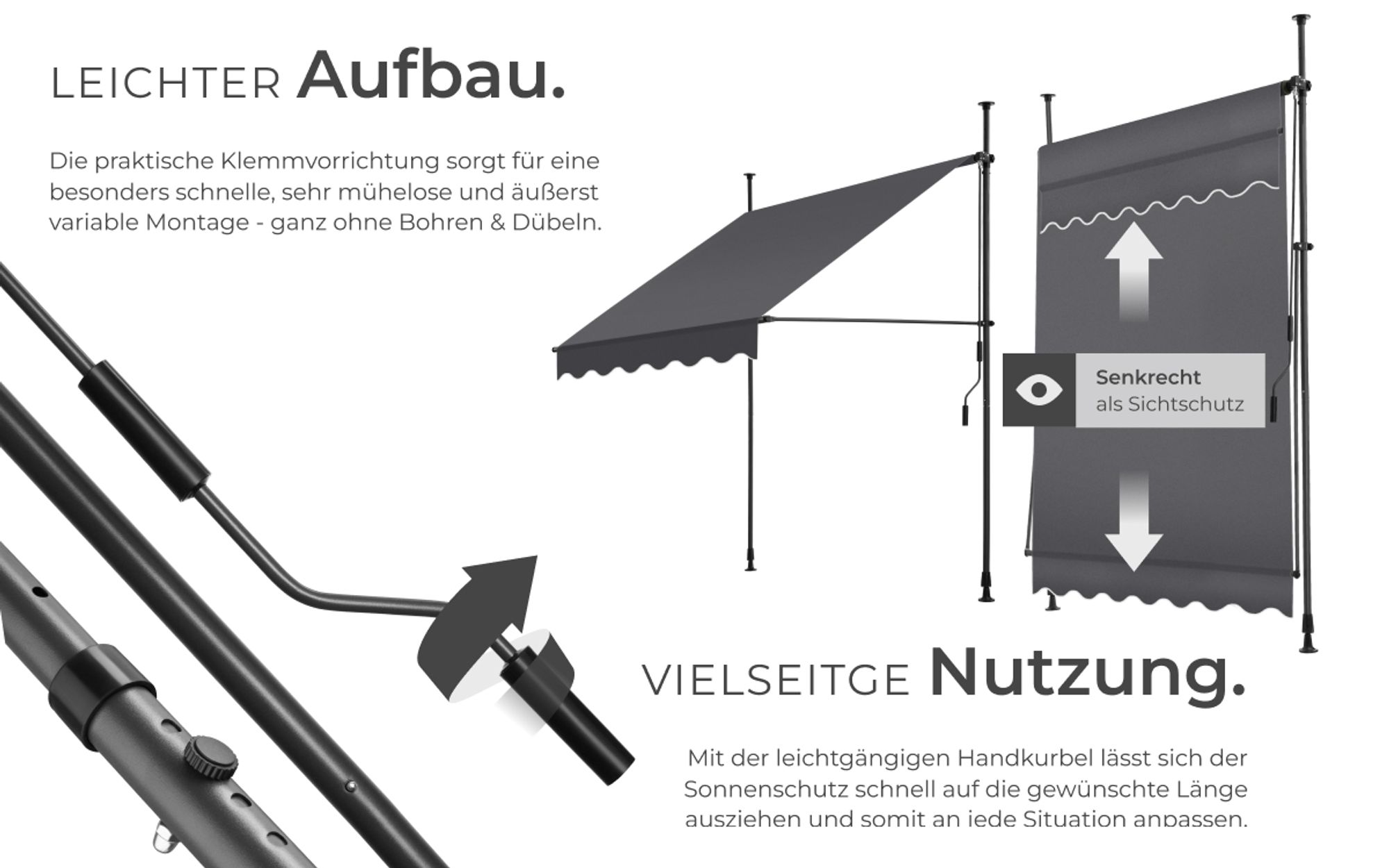 tectake® Klemmmarkise mit Handkurbel einfache Montage