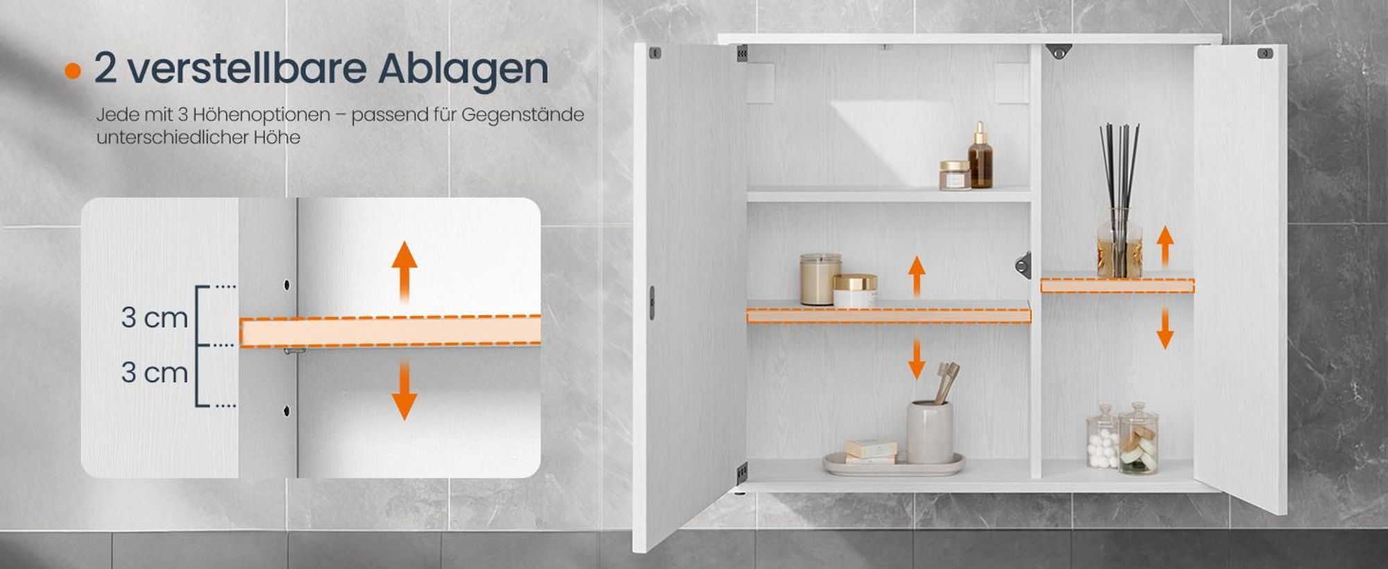 Badezimmerschrank mit Spiegel, Toolless-Technologie, superschnelle werkzeuglose Montage, Spiegelschrank, modern, weiß