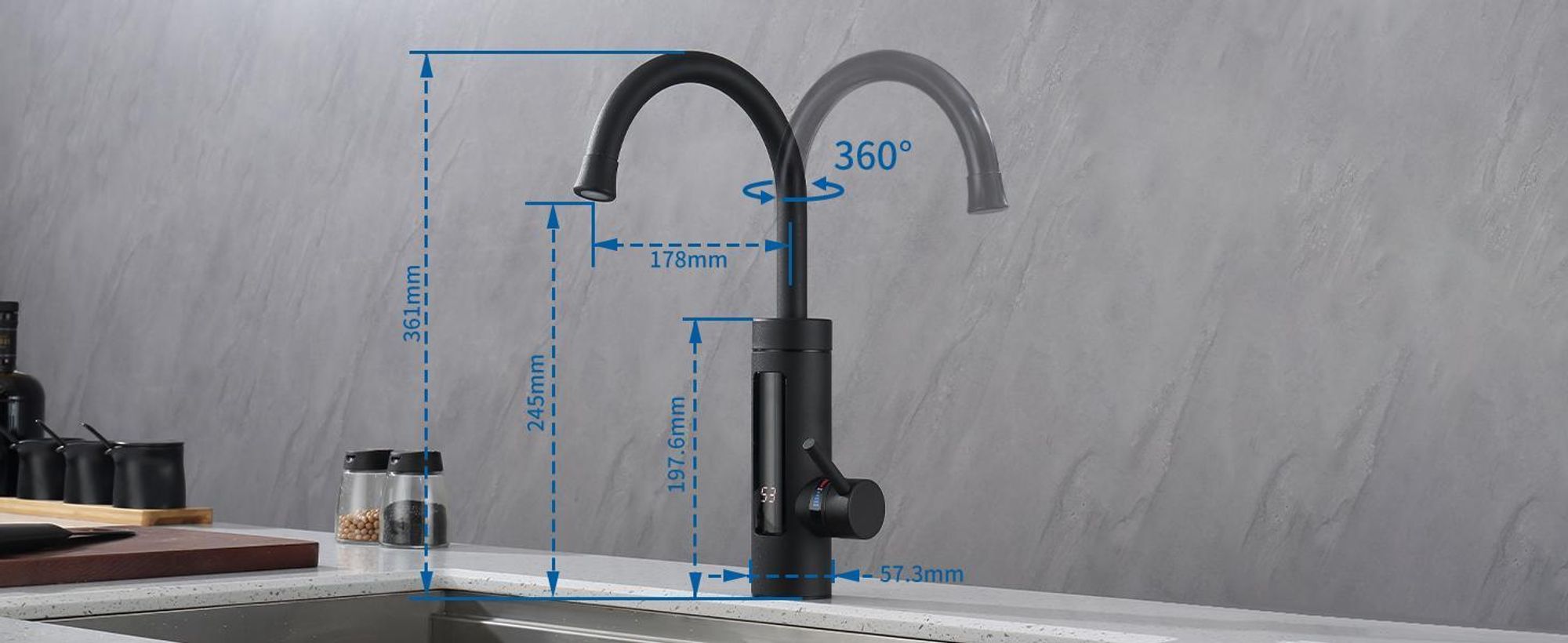 Homelody Elektrische Küchenarmatur mit Durchlauferhitzer, Smart Heater Wasserhahn 360° drehbar, Schwarz Wasserhahn Küche mit LED Temperaturanzeige