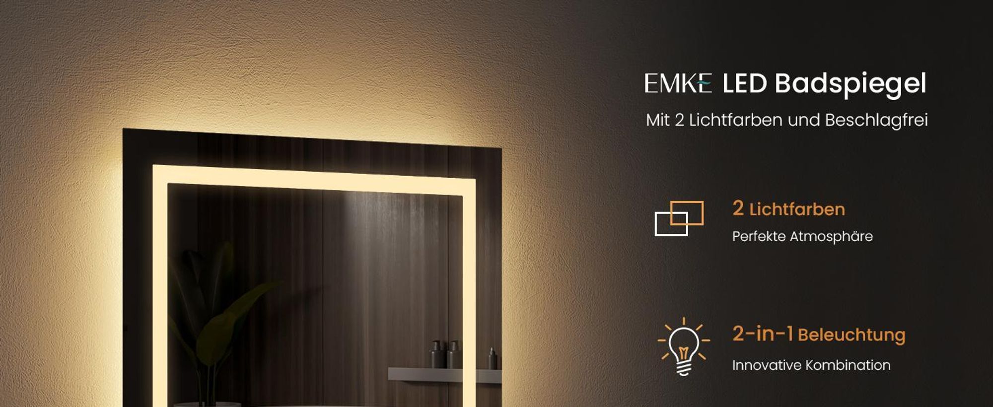 EMKE Badspiegel mit Beleuchtung 60 x 50 cm LED Badezimmerspiegel Beschlagfrei mit Druckknopfschalter mit 2 Farben des Lichts, Kaltweißes und warmes Licht