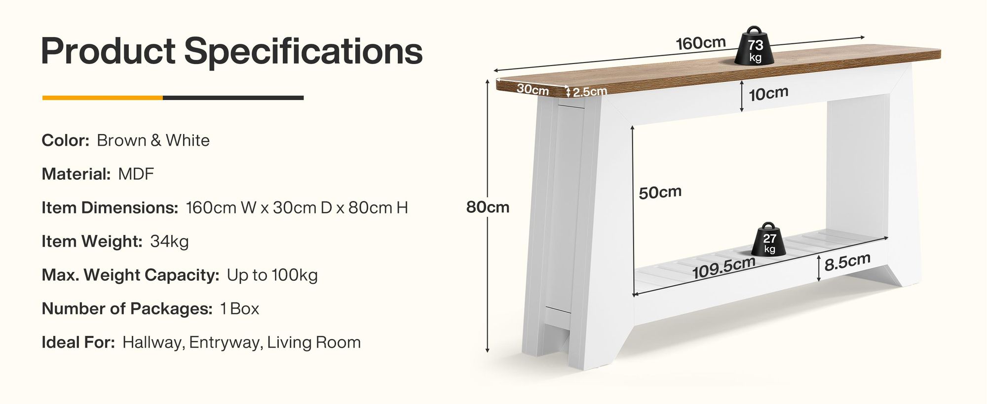 Table console de 160 cm de longueur avec espace de rangement, table d'entrée moderne de style rustique en blanc, pouvant être placée derrière le canapé, avec une étagère ouverte en bois dans la partie inférieure