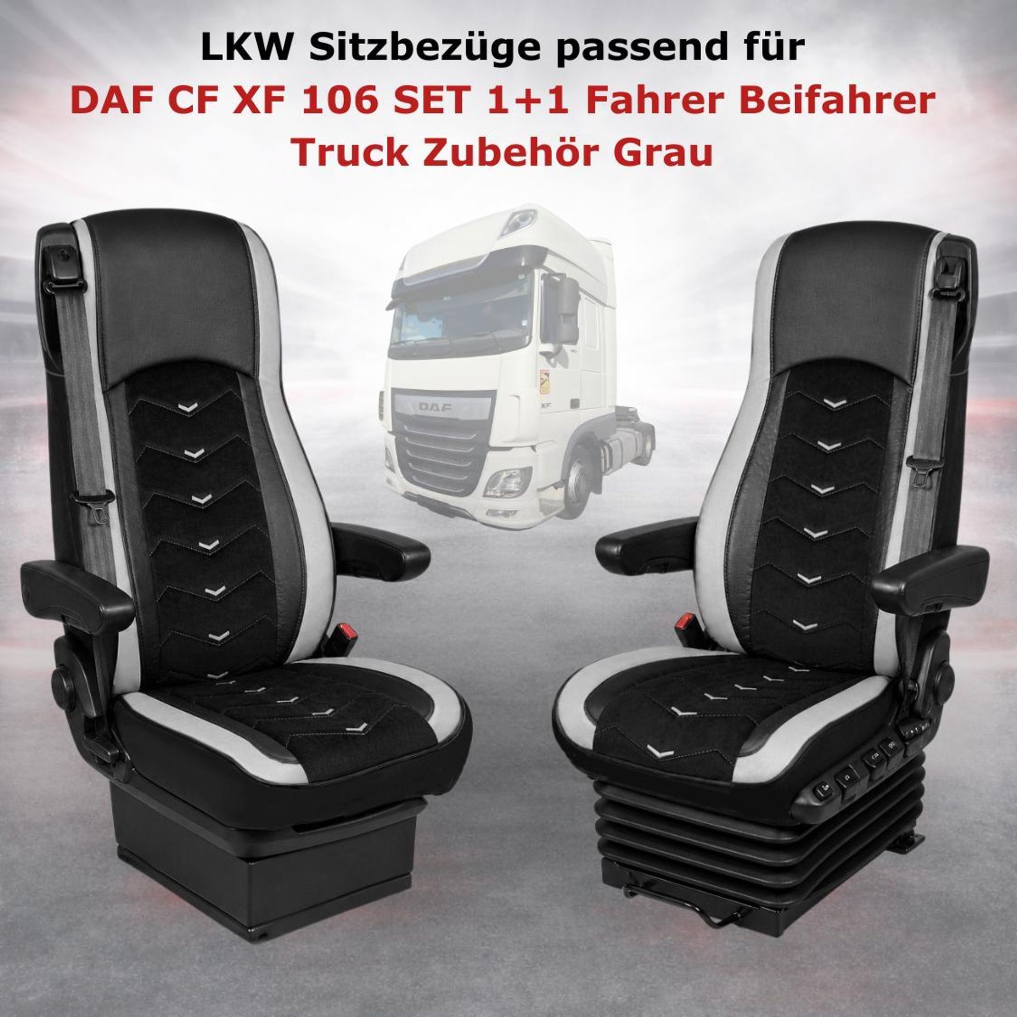 LKW Sitzbezüge passend für DAF CF XF 106 SET 1+1 Fahrer Beifahrer Truck Zubehör Grau