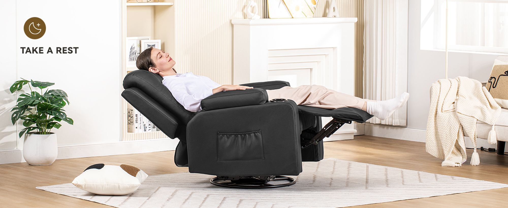 COMHOMA Relaxsessel mit Wippfunktion Fernsehsessel TV Sessel mit Liegefunktion, Dicke Rückenlehne, mit Wippfunktion, 360°drehbar,Schwarz