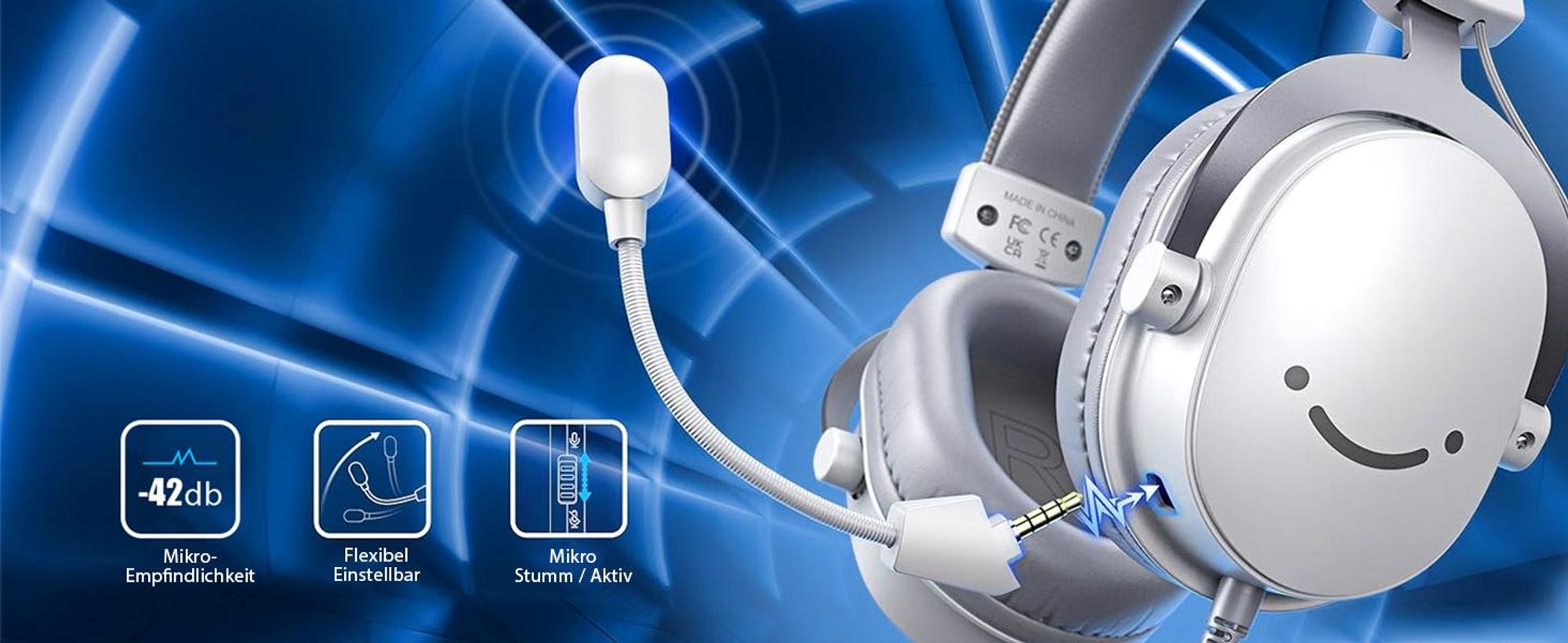 Fifine Headset Over-Ear Gaming-Headset mit Mikrofon Abnehmbar USB Headset mit Kabel, Weiß