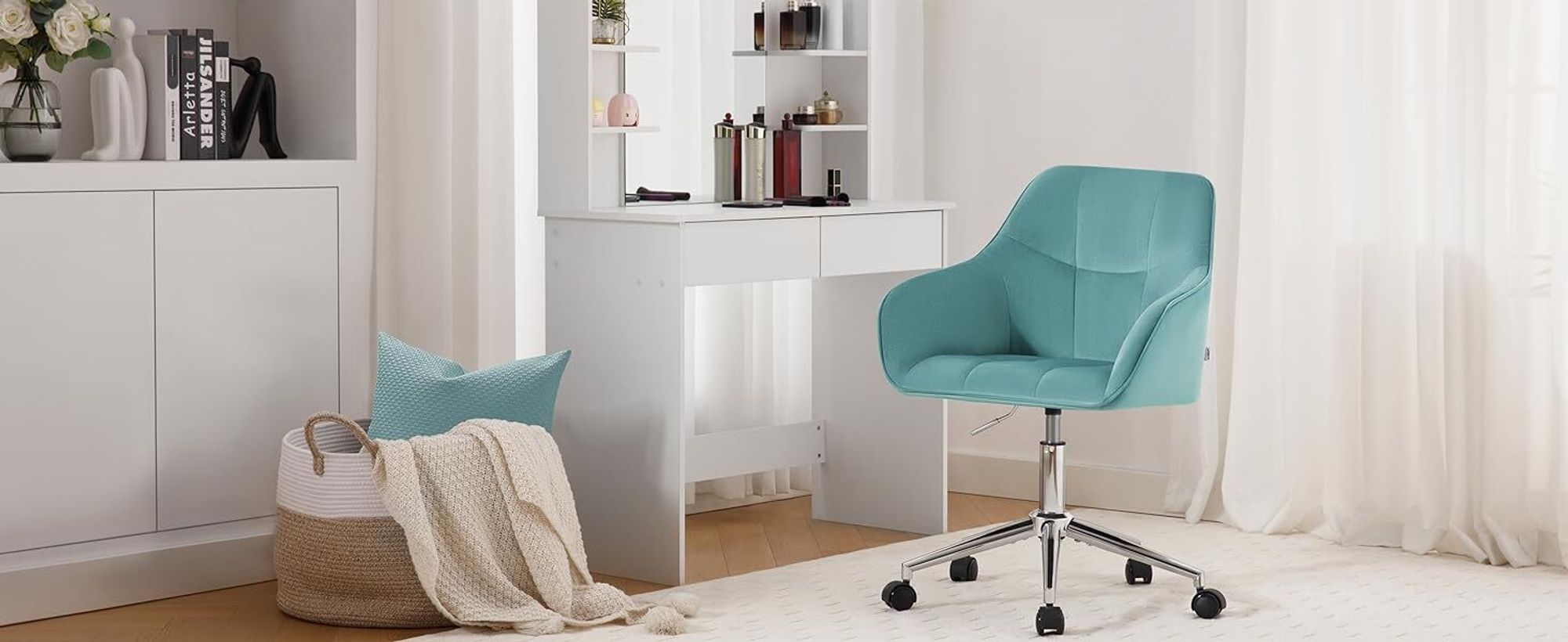 WOLTU Bürohocker Homeoffice Stuhl, Schminkstuhl, höhenverstellbar, mit Armlehnen Samtsitz : Rosa+Silber Farbe: Rosa+Silber