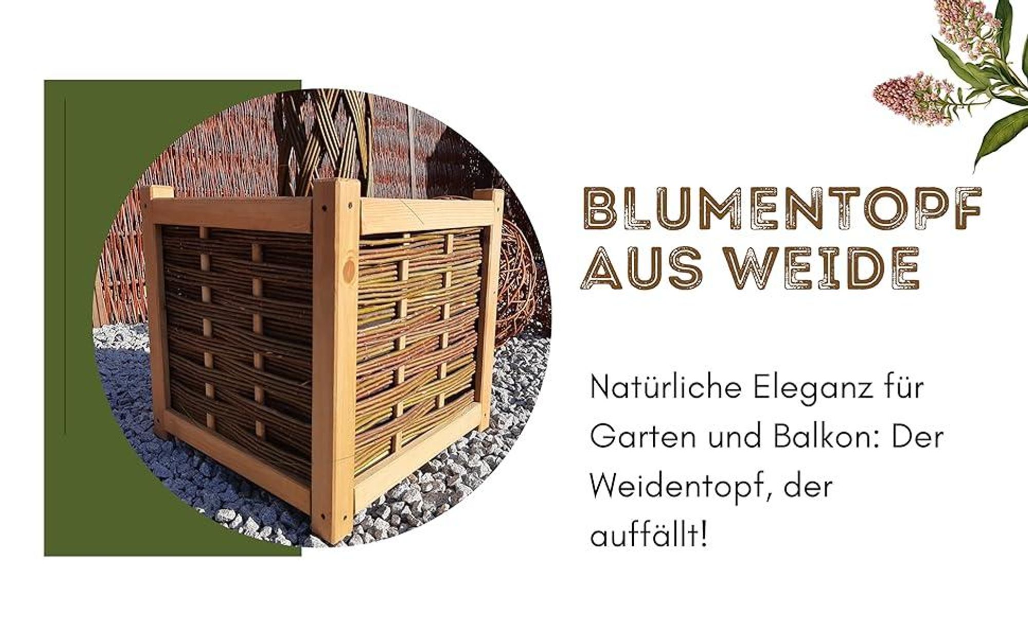 Blumentopf Rechteckig aus Weide und Holz - Pflanzgefäß für Garten 49 cm Blumentopf 65 Liter Blumenkasten