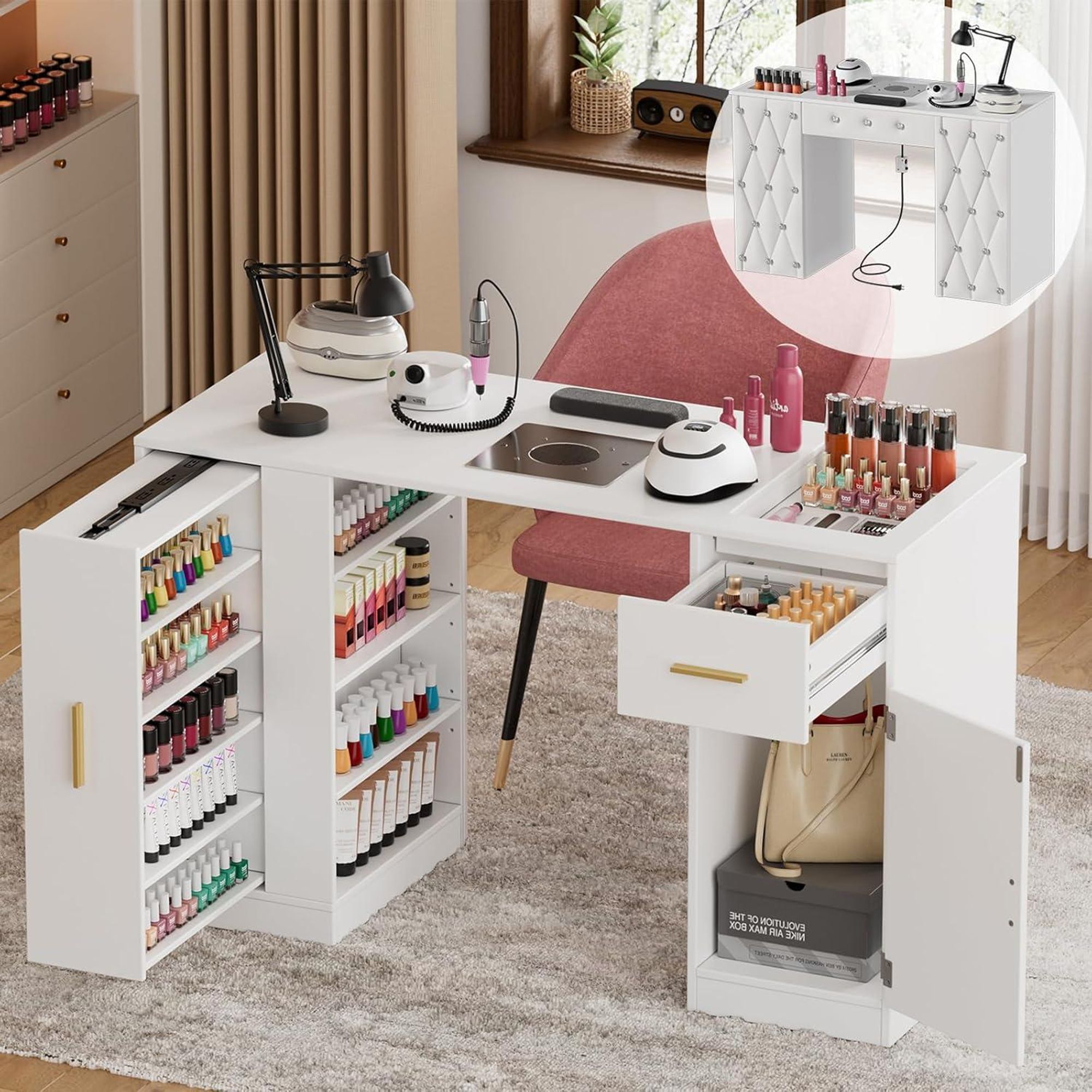 TWSOUL Arbeitstisch Nageltisch mit Absaugung, Staubbeuteln & viel Stauraum mit Lederpolster, Schublade, Schrank & offenen Regalfächern, Weiß