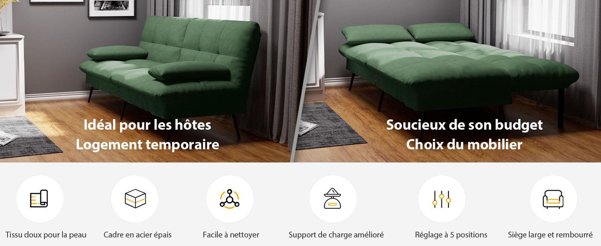 COMHOMA Canapé convertible avec fonction sommeil, housse Futon Canapé pliant, canapé-lit, canapé d'angle, canapé-lit d'appoint, canapé 3 places, avec dossier inclinable