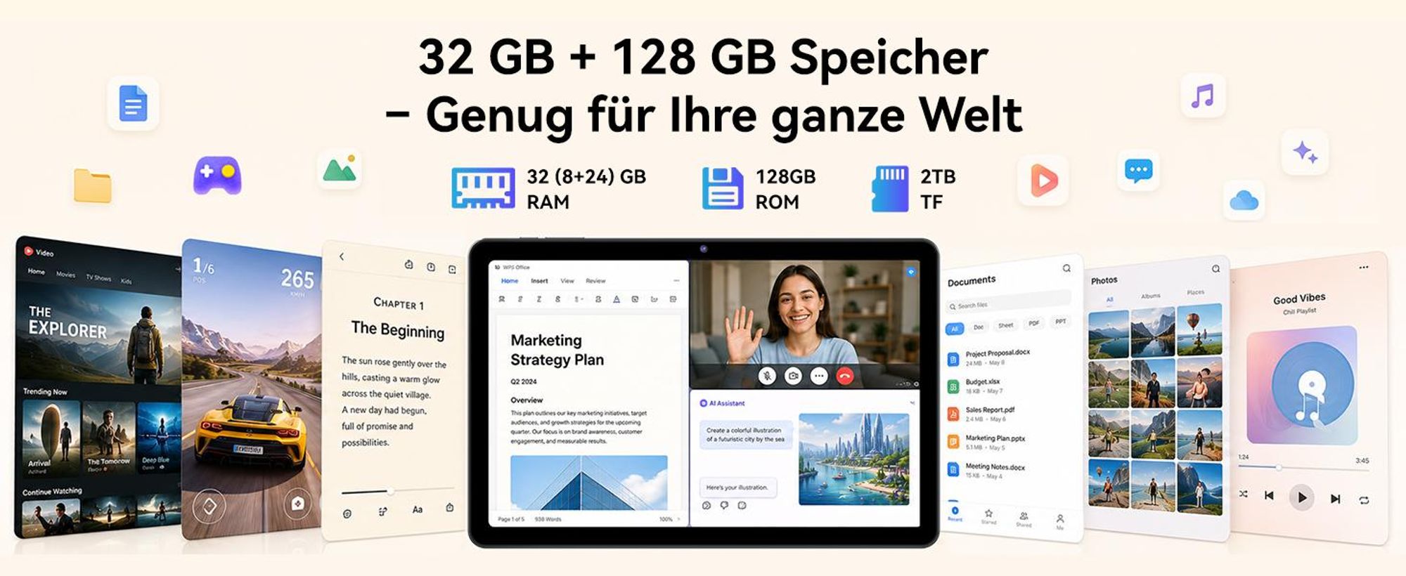 W80 10.1" 120Hz Tablet, 32+128GB/2TB, Android 16, 4G SIM+5G WIFI, Gemini AI 4.0, Widevine L1, 6000mAh, OTG, mit Tastatur/Maus/Stift/Schutzhülle Set