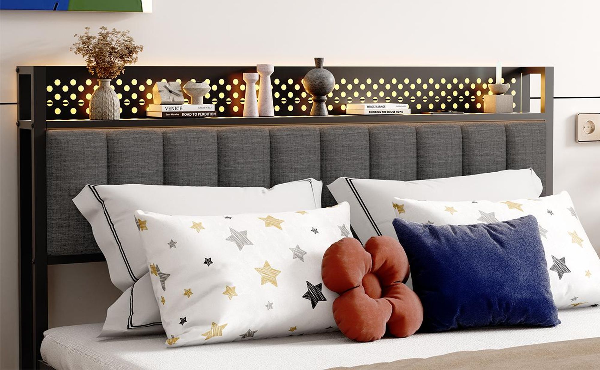 Jugendbett mit Steckdose, USB und LED-Licht im Kopfteil