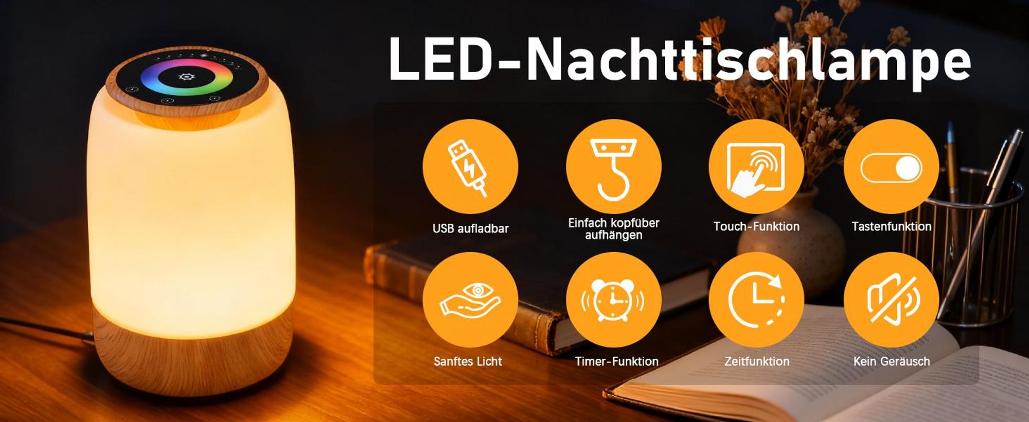 Nachtlichter, Nachttischlampe, Nachtlicht, Touch-Bedienung, dimmbar, 7 Farben, 4 Modi, USB-aufladbar, Timer, Countdown-Funktion, LED-Tischleuchte