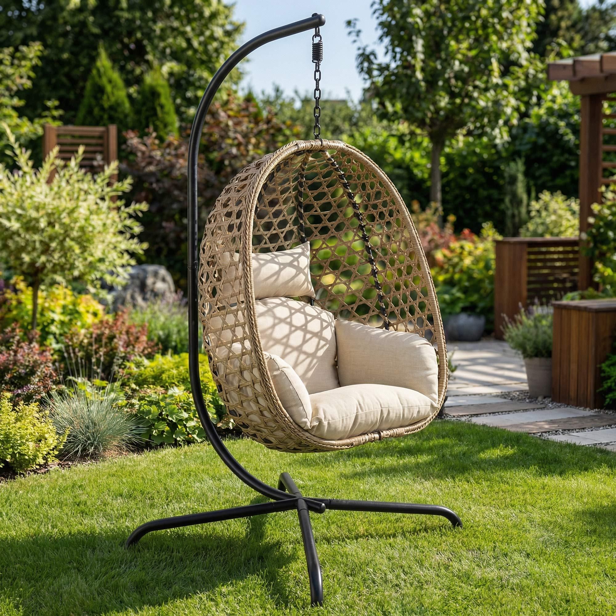 di volio Hängesessel SOMI mit Gestell - braun, Hängesessel Outdoor aus PE-Rattan mit Stahlgestell, wetterfest & bequem