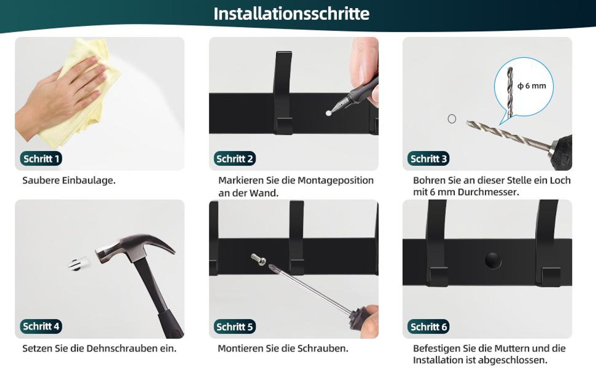 Wandgarderobe, Wandhaken, Garderobenleiste, Hakenleiste Kleiderhaken, Garderobenhaken Edelstahl Handtuchhalter 6 Haken, für Jacken, Mäntel, Taschen