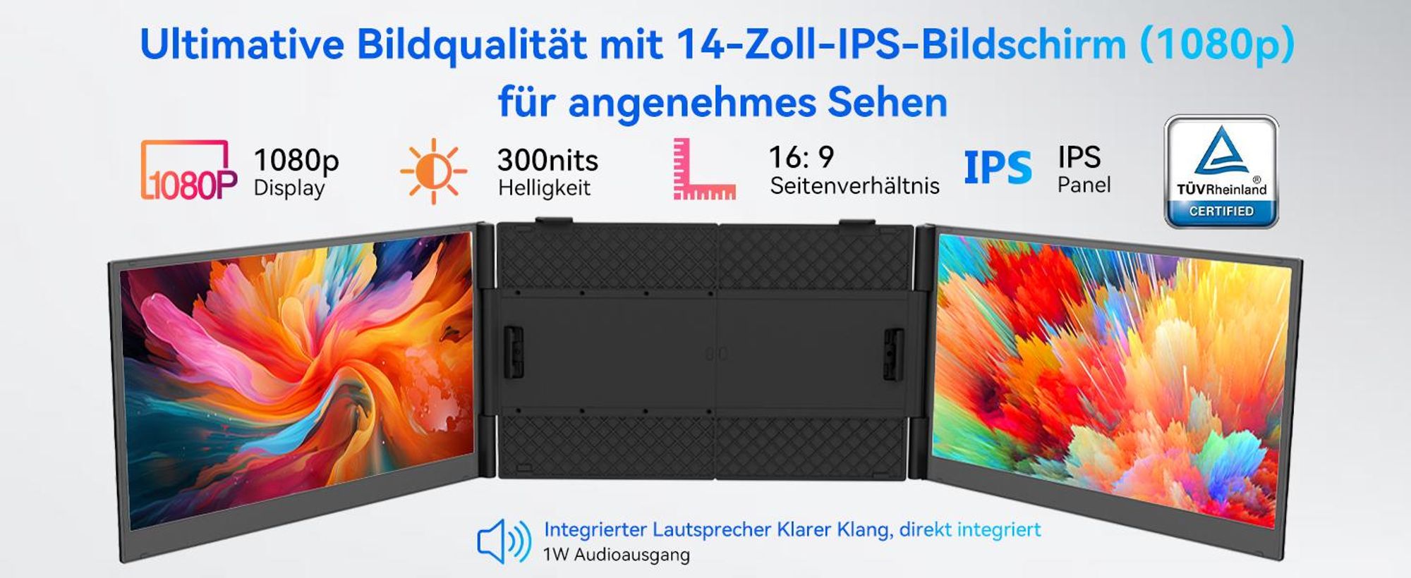 Blackview Tragbarer Bildshirm DCM6 14" mit A3 Bluetooth-Box Dual-Screen-Laptopmonitor, ultradünn, FHD, für 13,3"-17,3" Laptops, 180° drehbar