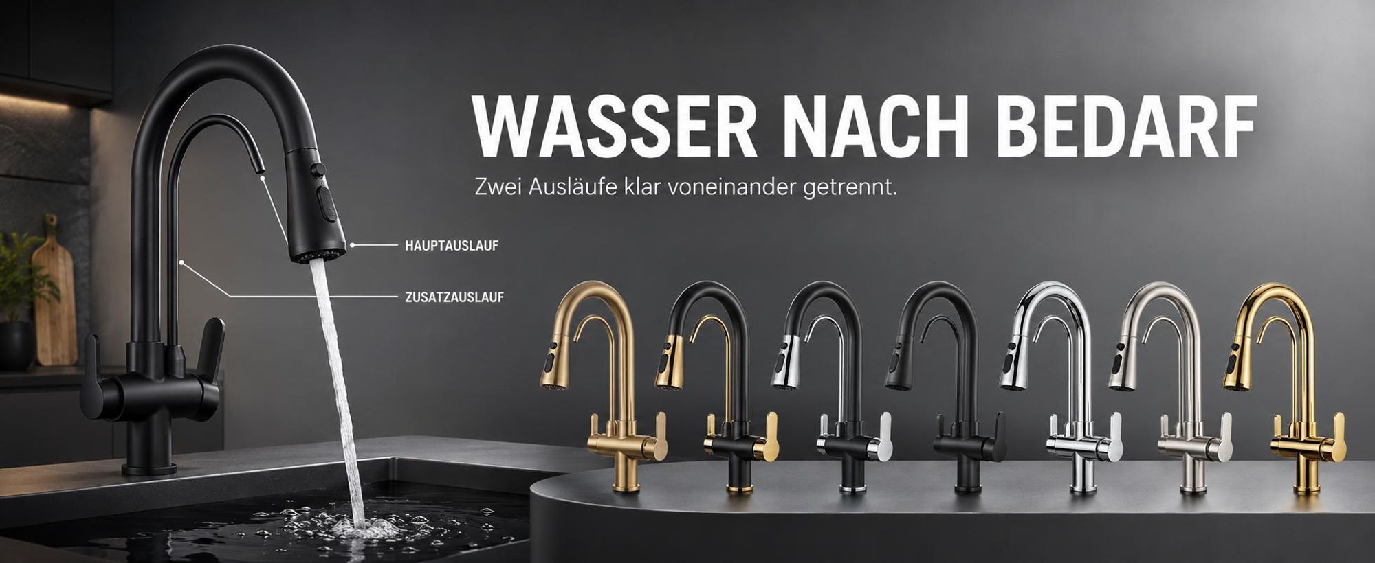 3-Wege Küchenarmatur NORDIC mit Wasserfilter-Anschluss, herausziehbare Brause, 360° schwenkbar, getrennte Wasserwege, Keramikkartusche Schwarz-matt